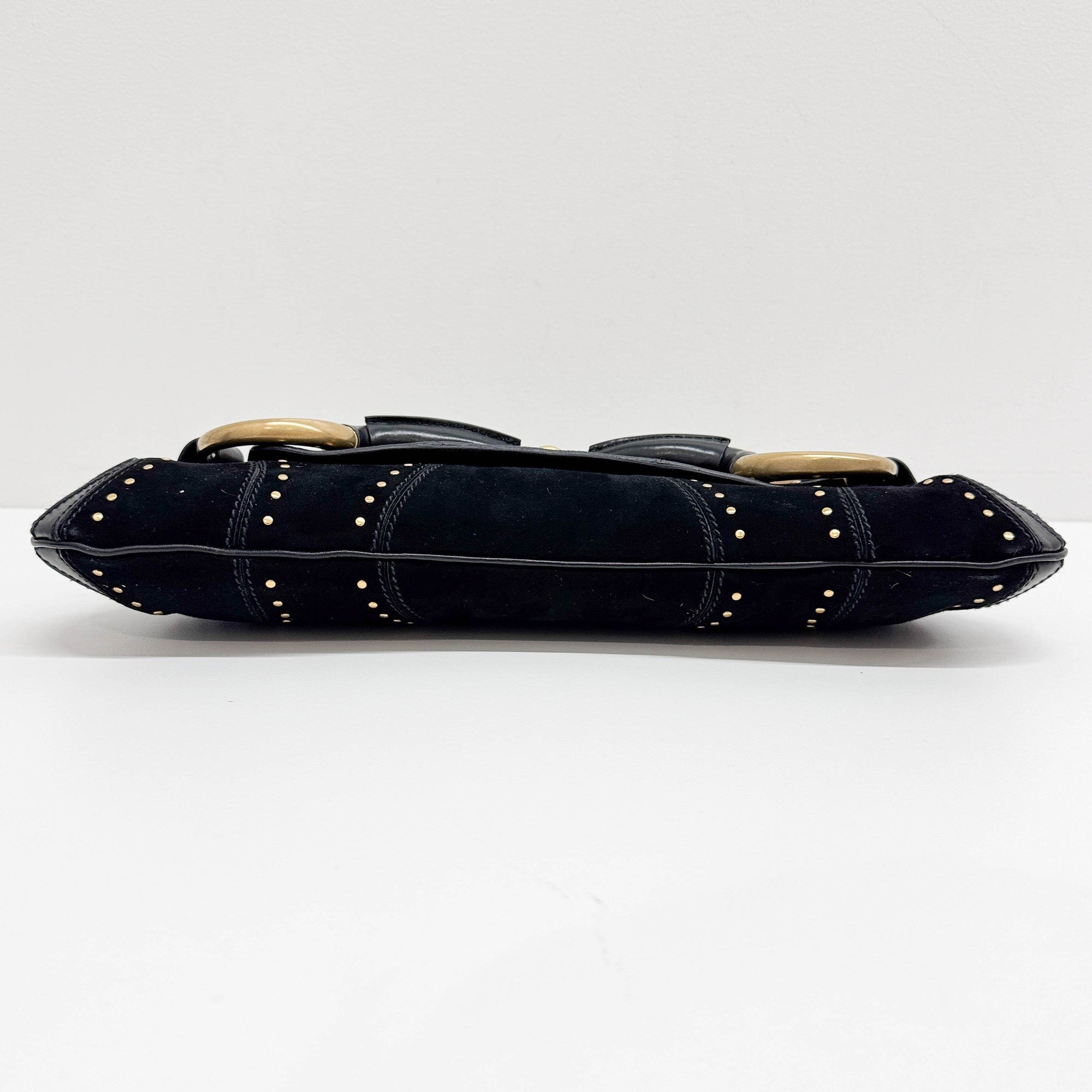 Horsebit Studded Black Suede Shoulder Bag