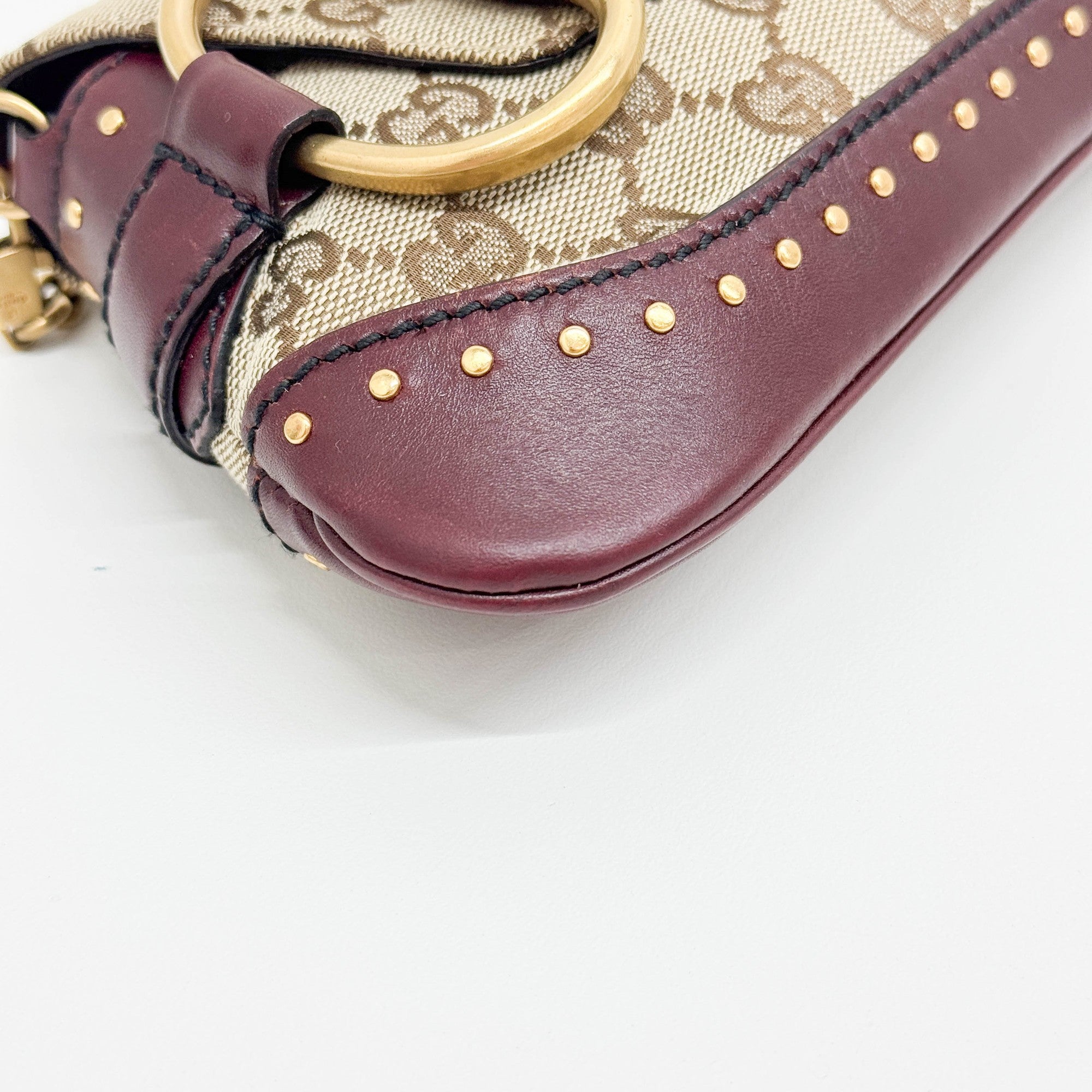 Horsebit Studded Bordeaux Trim Tan GG Canvas Shoulder Bag