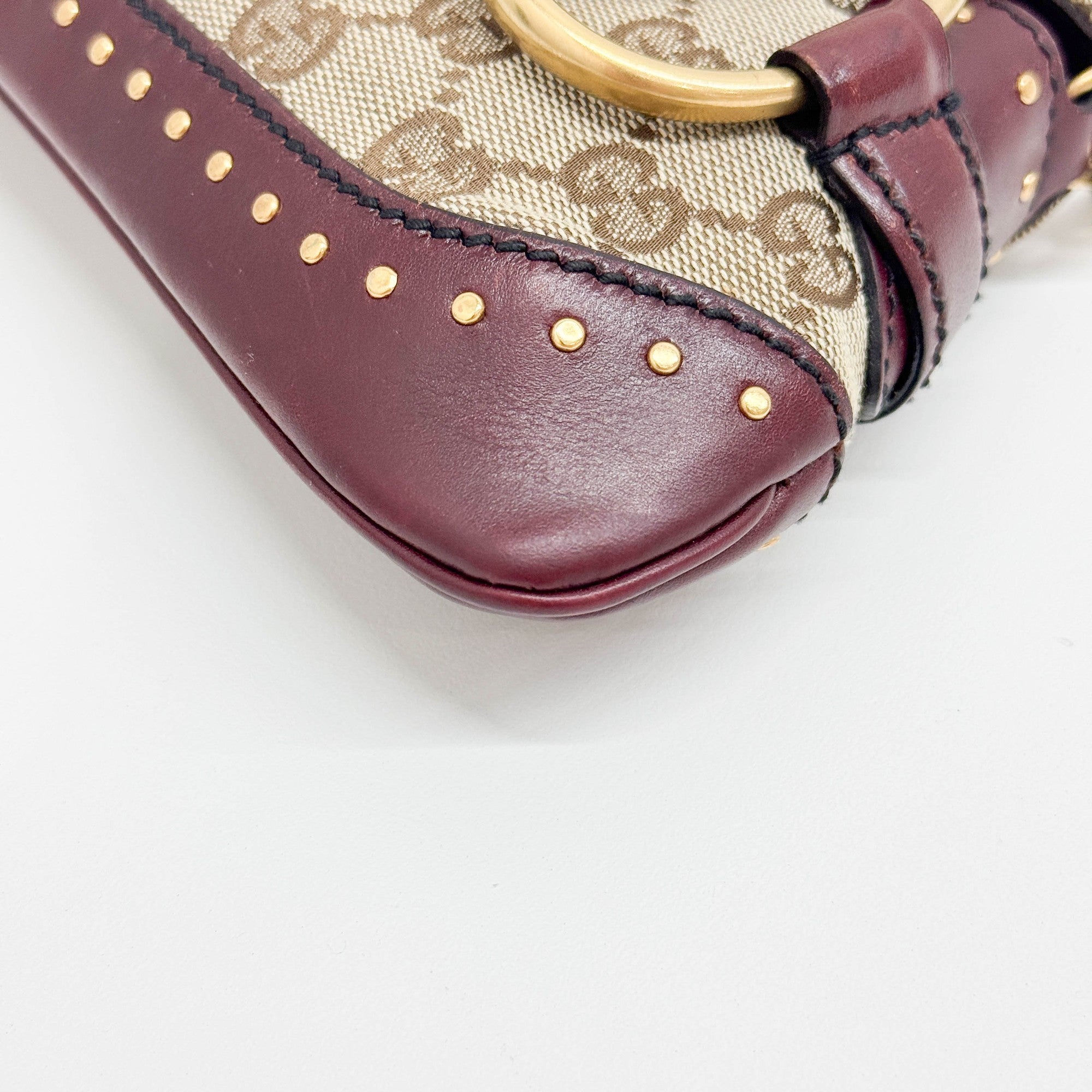 Horsebit Studded Bordeaux Trim Tan GG Canvas Shoulder Bag