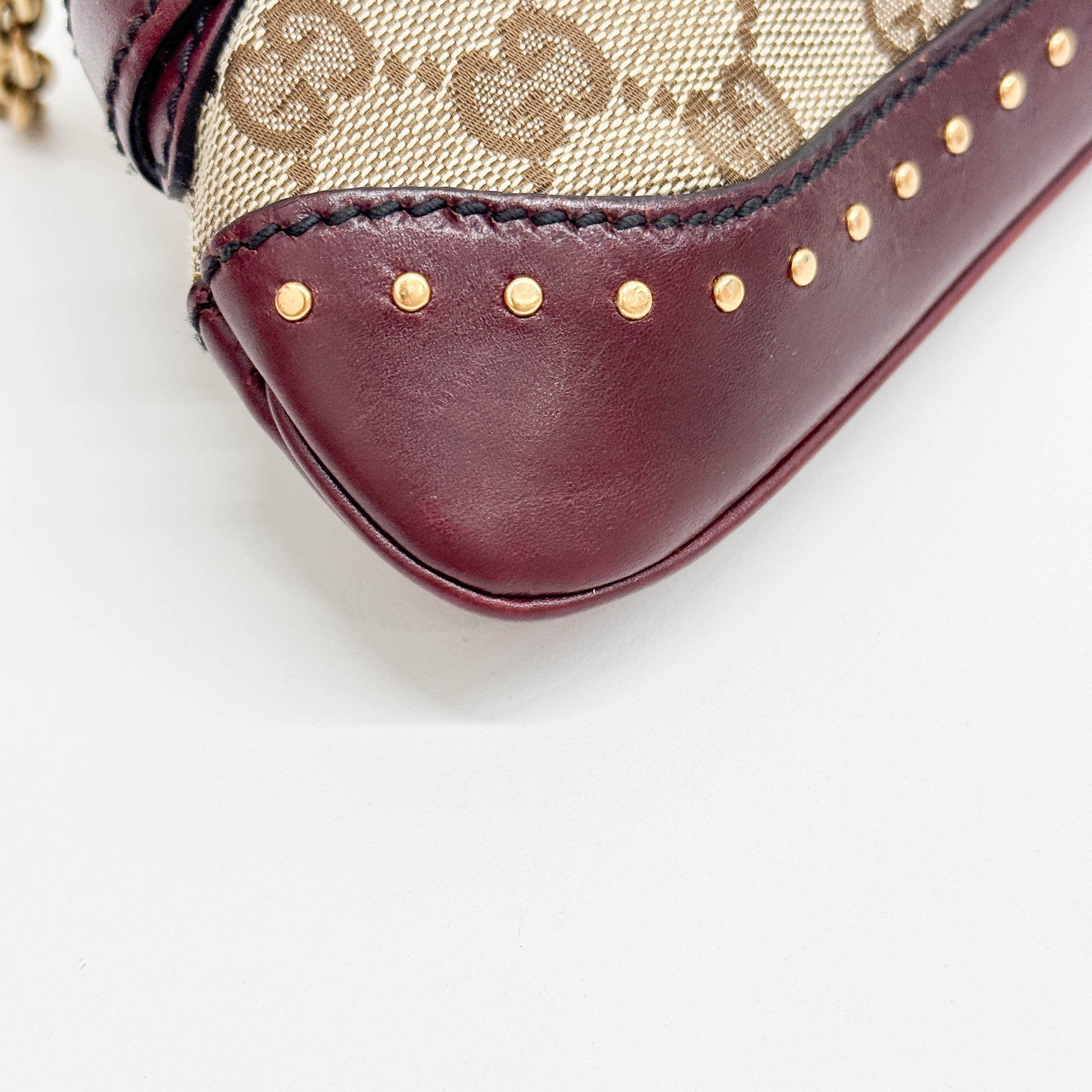 Horsebit Studded Bordeaux Trim Tan GG Canvas Shoulder Bag