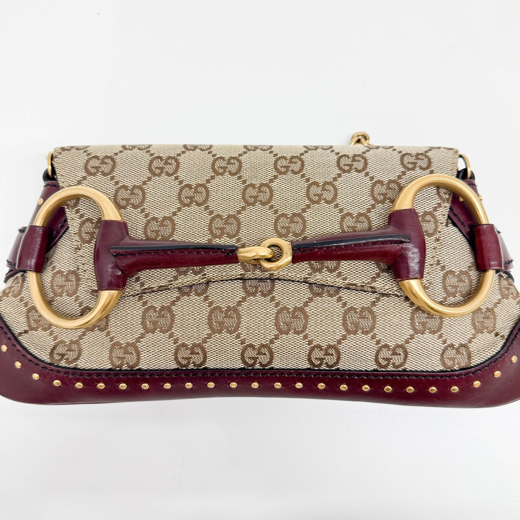 Horsebit Studded Bordeaux Trim Tan GG Canvas Shoulder Bag