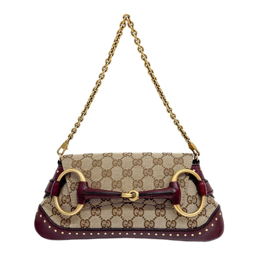 Horsebit Studded Bordeaux Trim Tan GG Canvas Shoulder Bag