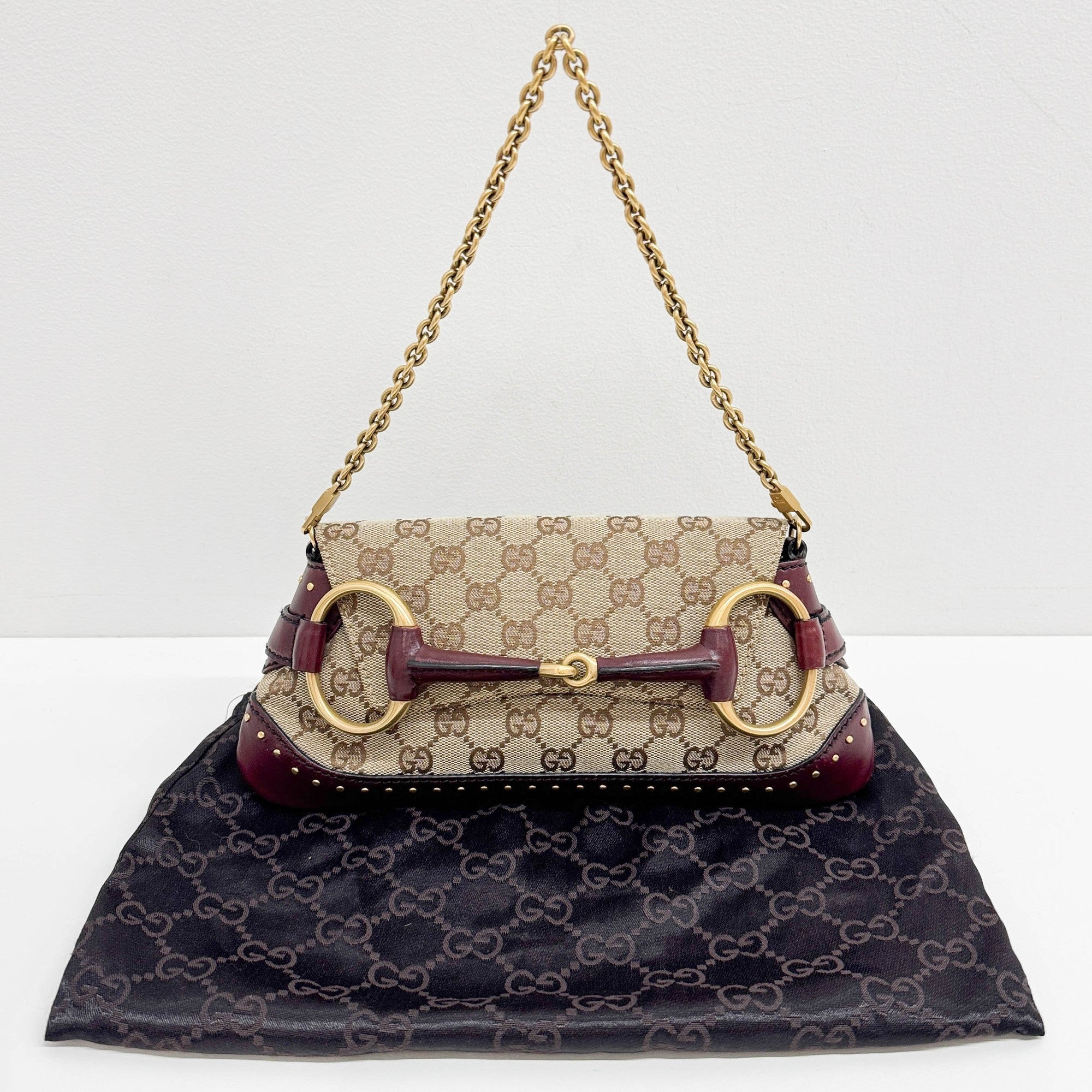 Horsebit Studded Bordeaux Trim Tan GG Canvas Shoulder Bag