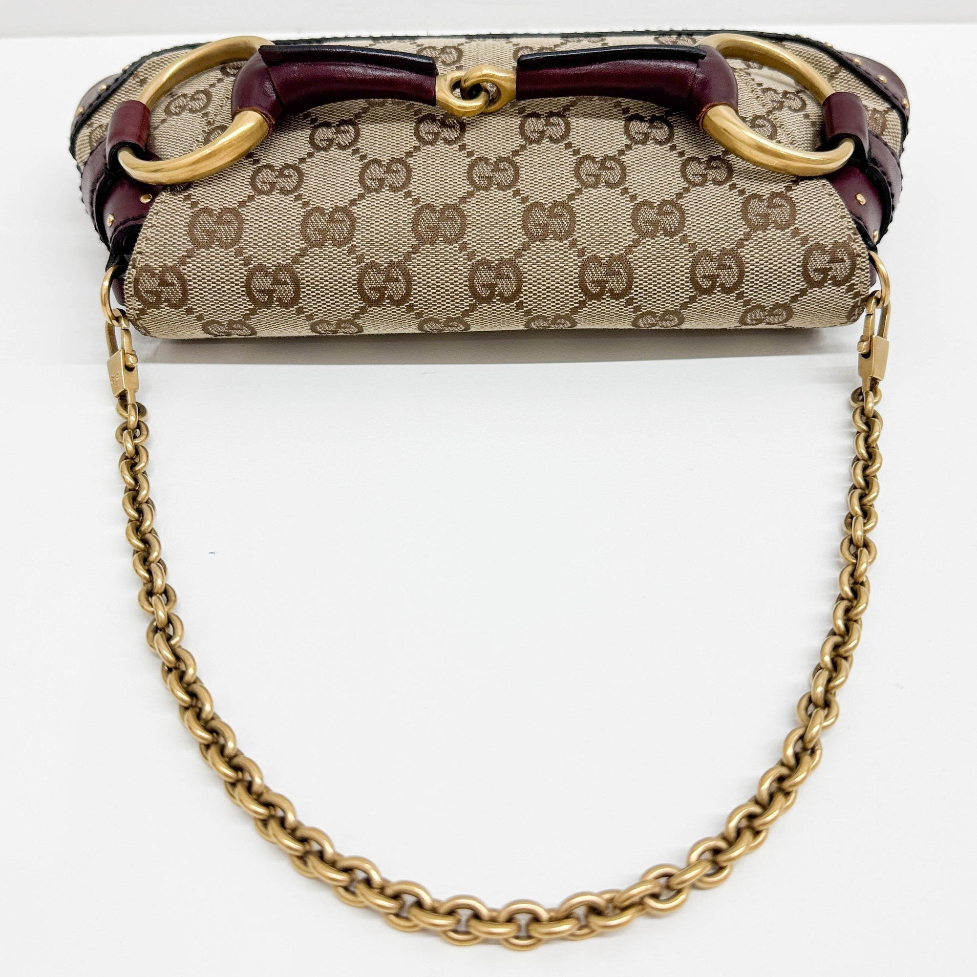 Horsebit Studded Bordeaux Trim Tan GG Canvas Shoulder Bag