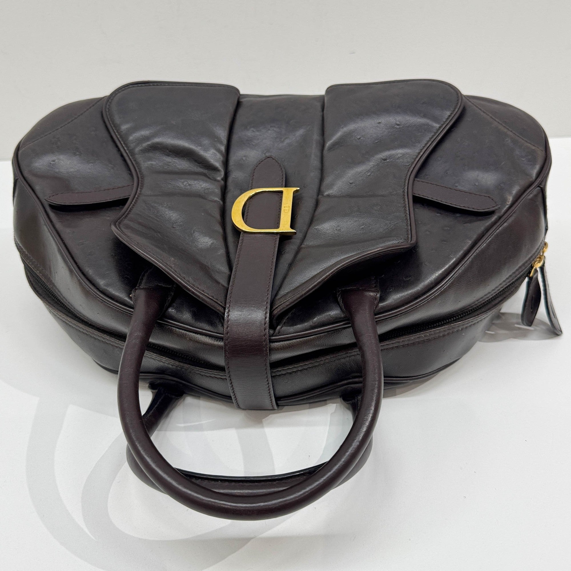 Saddle Bowler Brown Ostrich Leather Hand Bag