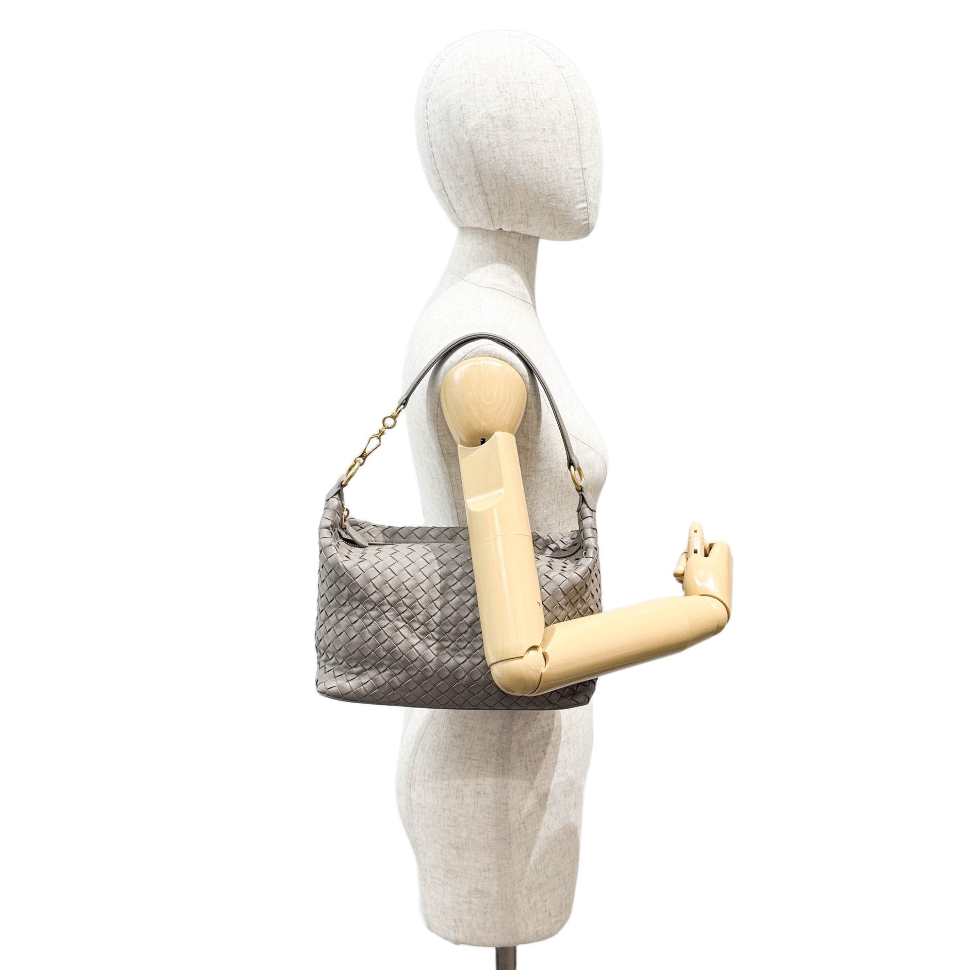 Inrecciato Elephant Gray Leather Shoulder Bag