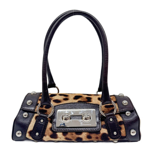 Studded Leather Trim Brown Leopard Print Pony Hair Shoulder Bag
