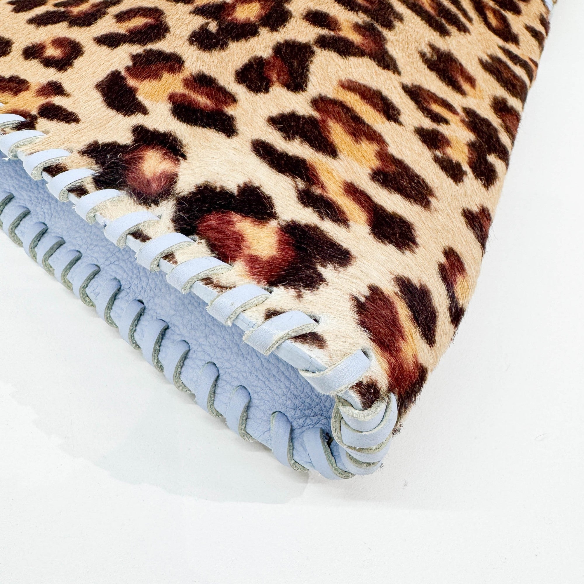 Blue Leather Trim Brown Leopard Print Pony Hair Tote Bag