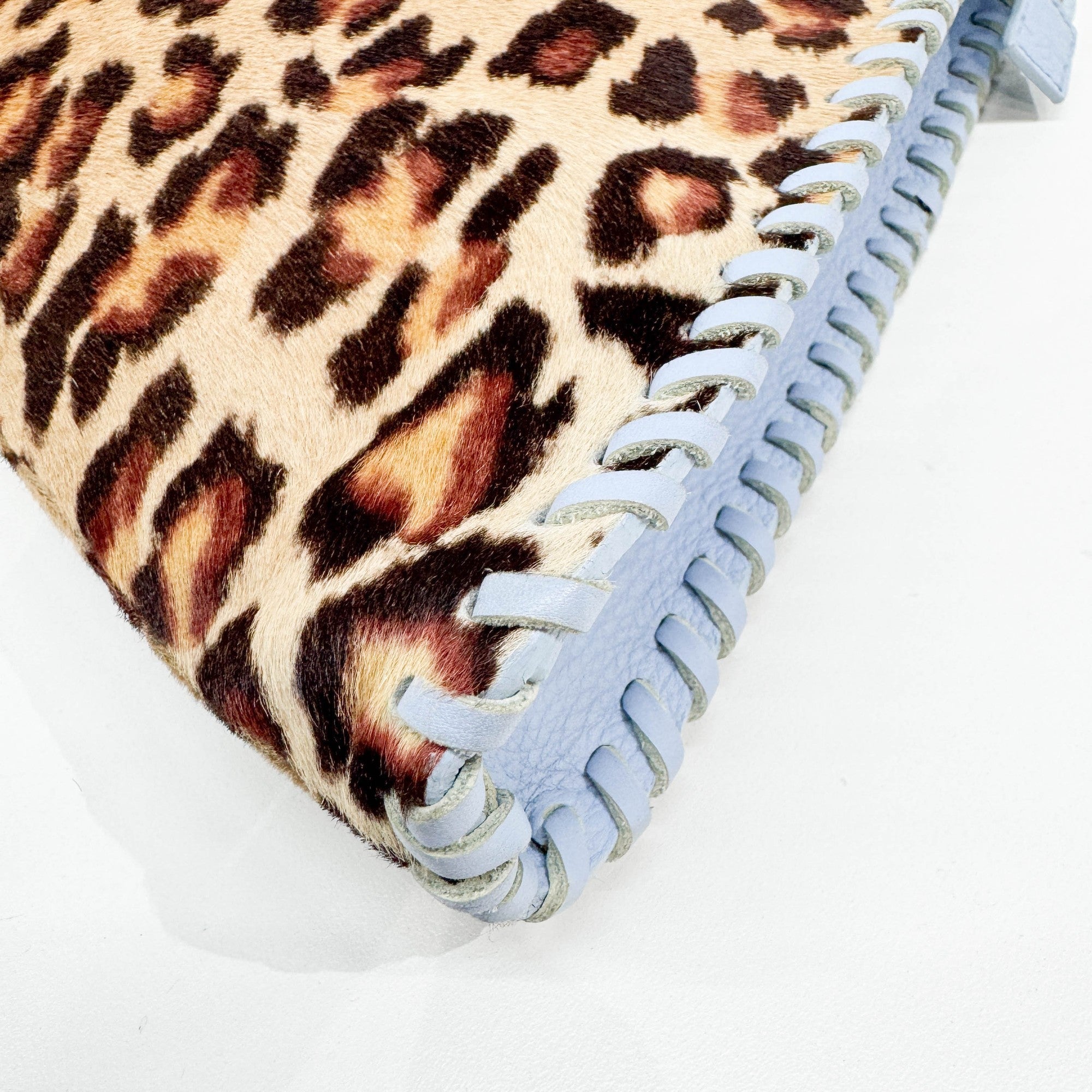 Blue Leather Trim Brown Leopard Print Pony Hair Tote Bag