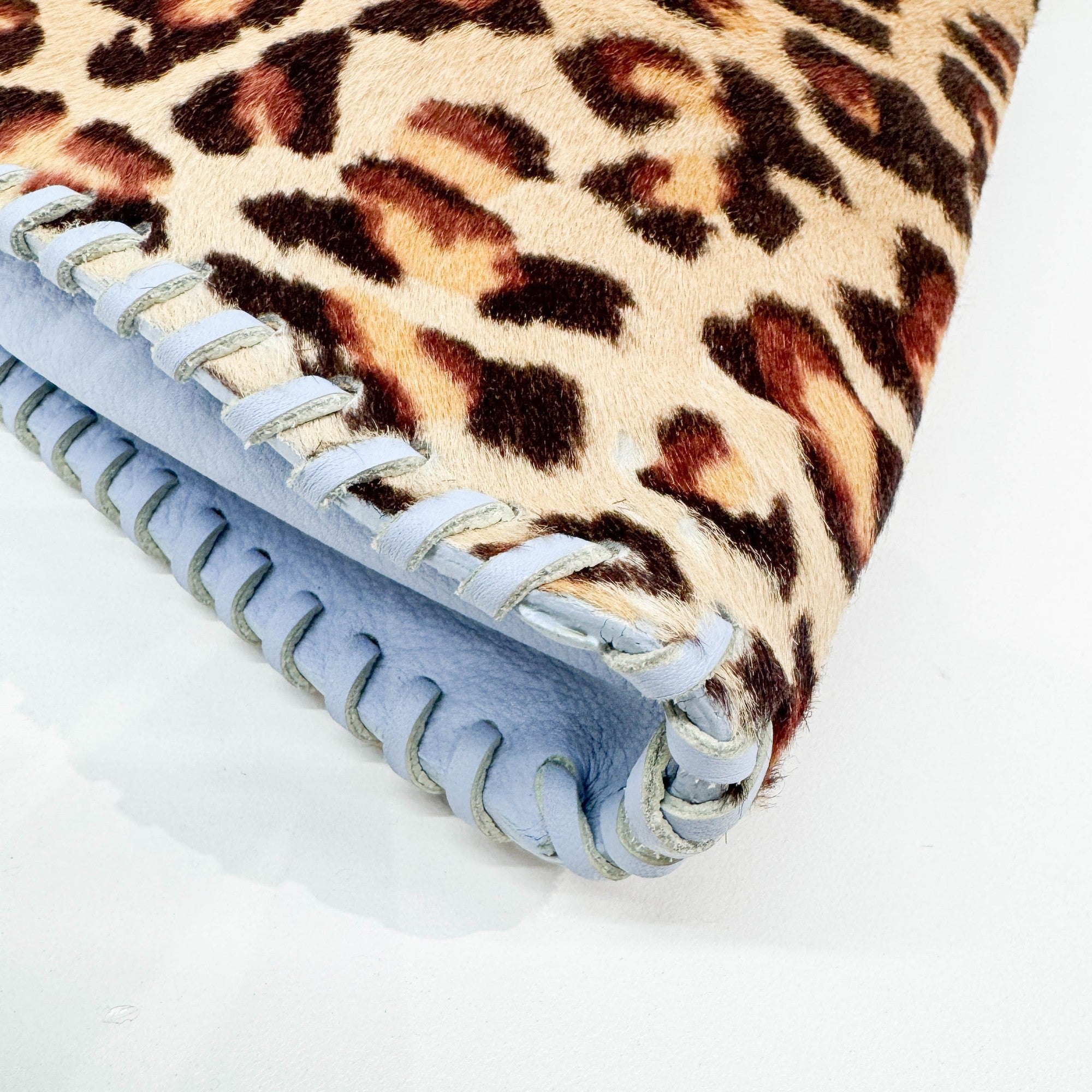 Blue Leather Trim Brown Leopard Print Pony Hair Tote Bag