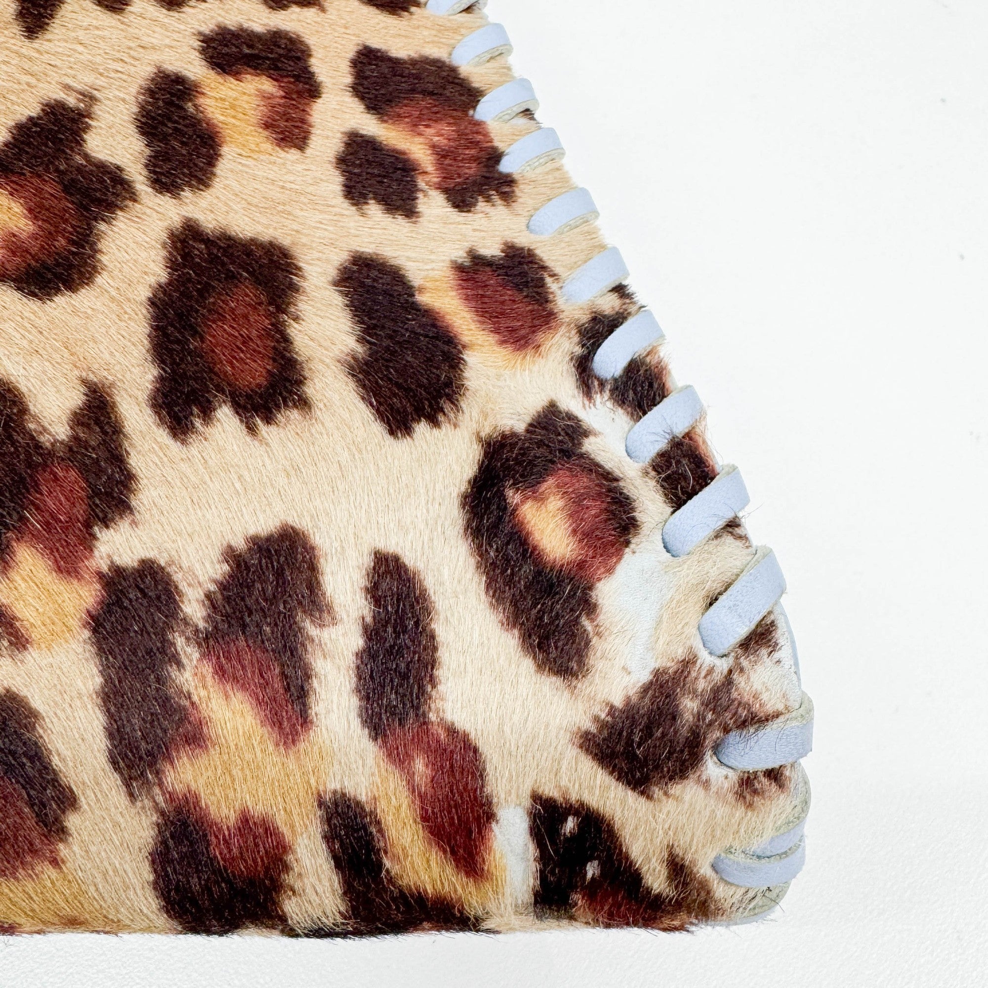 Blue Leather Trim Brown Leopard Print Pony Hair Tote Bag