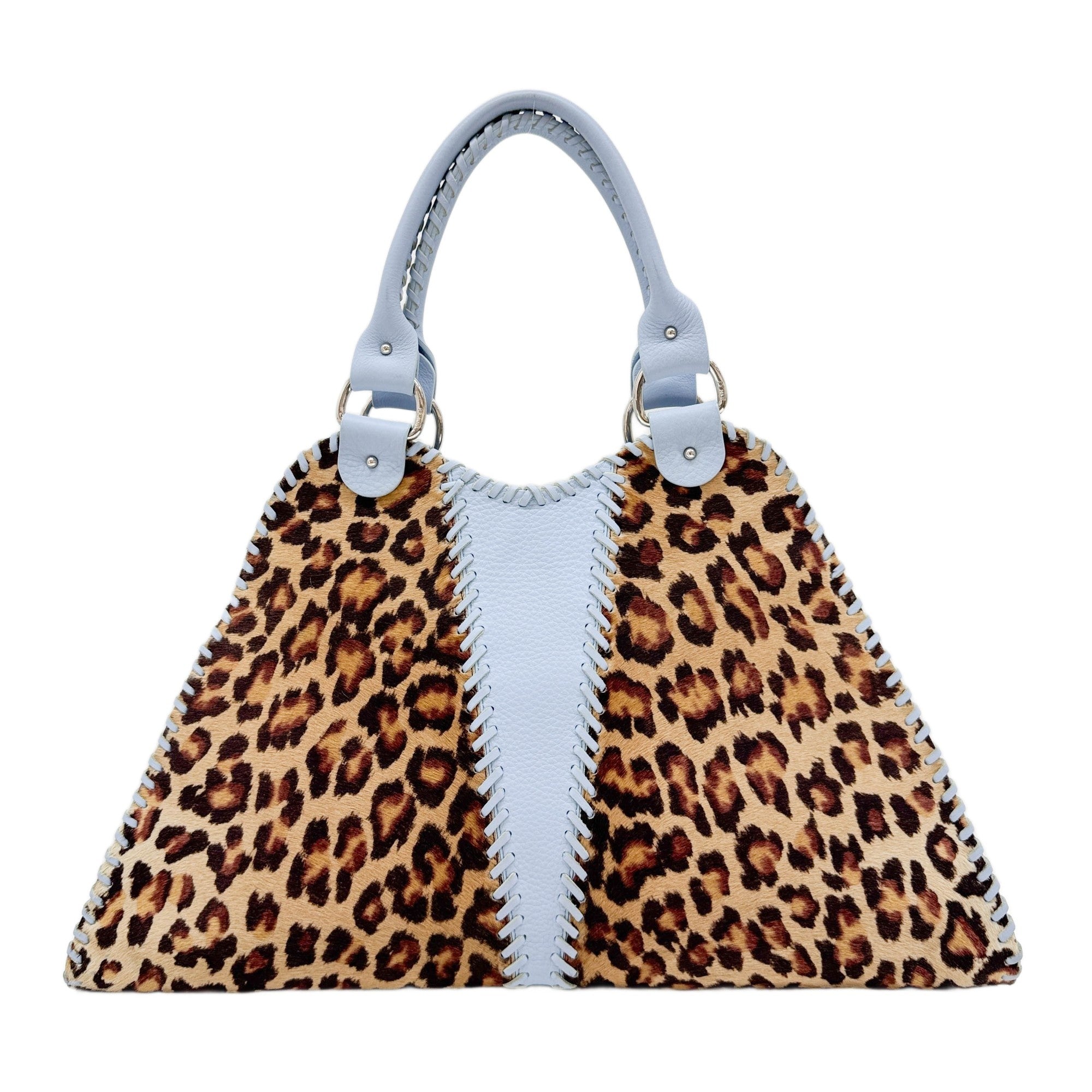 Blue Leather Trim Brown Leopard Print Pony Hair Tote Bag