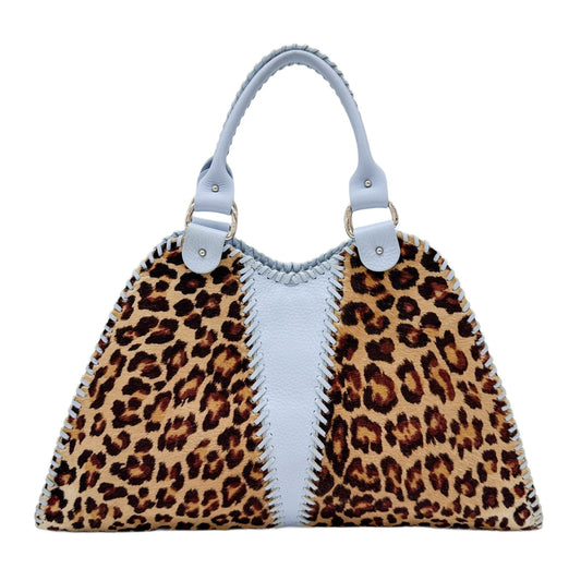 Blue Leather Trim Brown Leopard Print Pony Hair Tote Bag