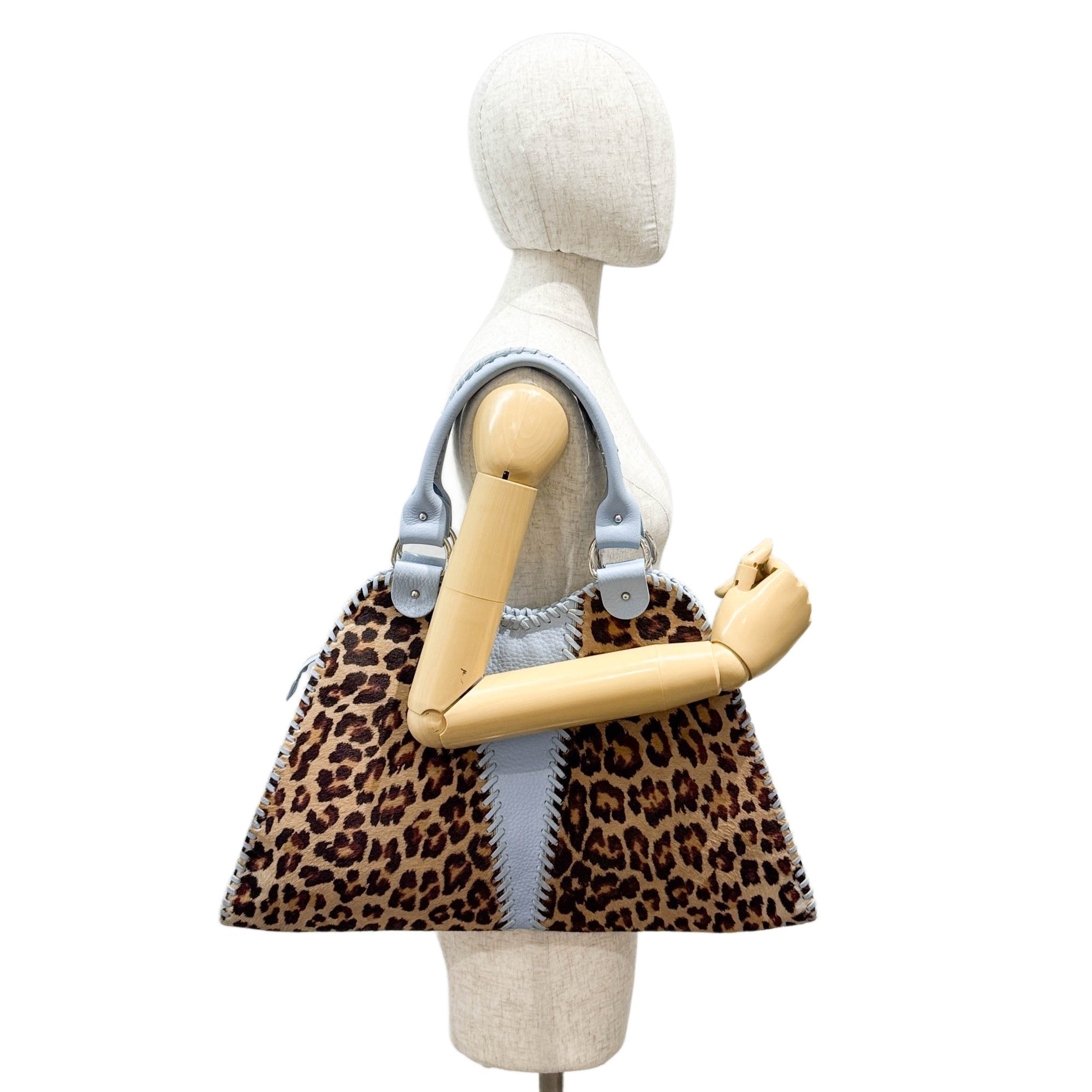 Blue Leather Trim Brown Leopard Print Pony Hair Tote Bag