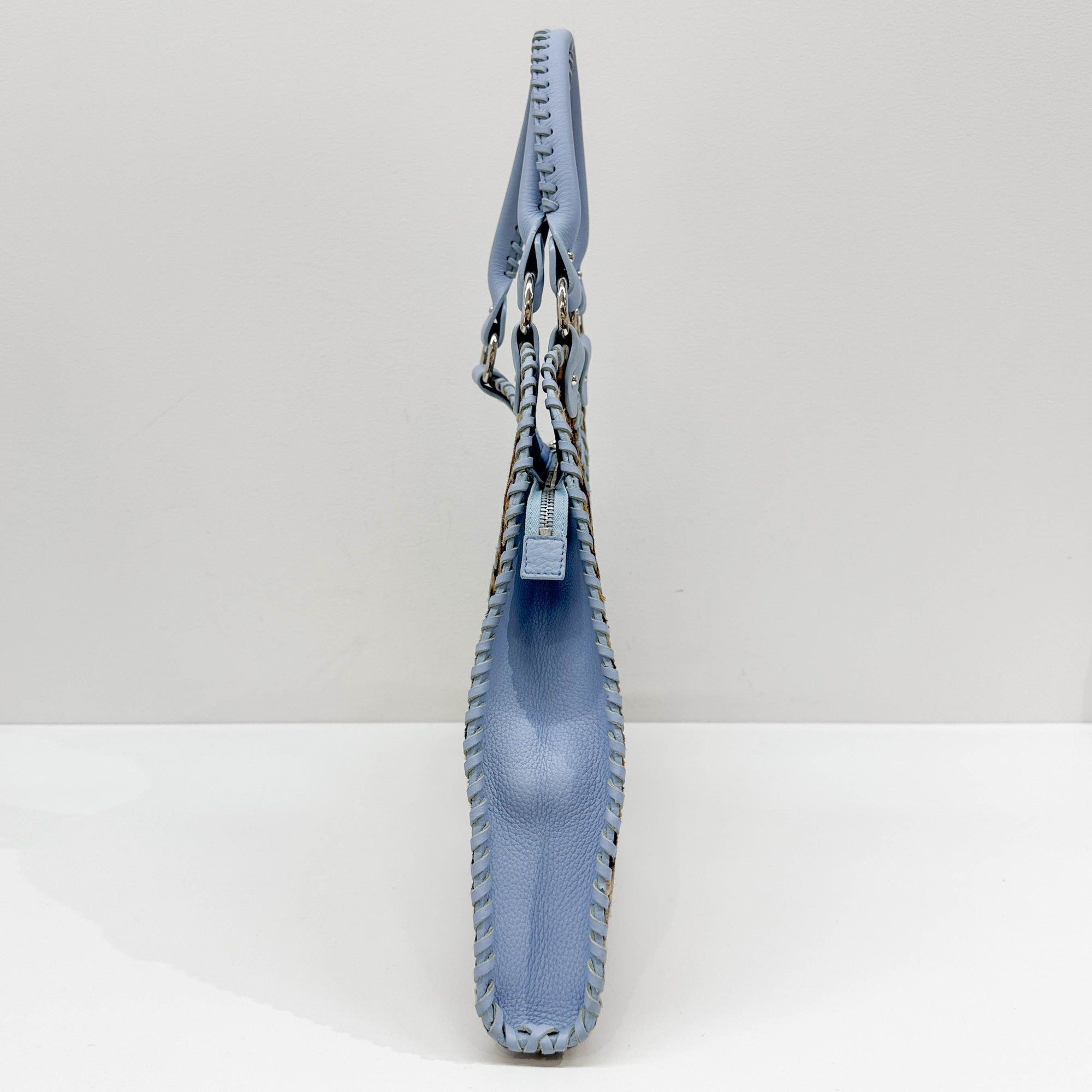 Blue Leather Trim Brown Leopard Print Pony Hair Tote Bag