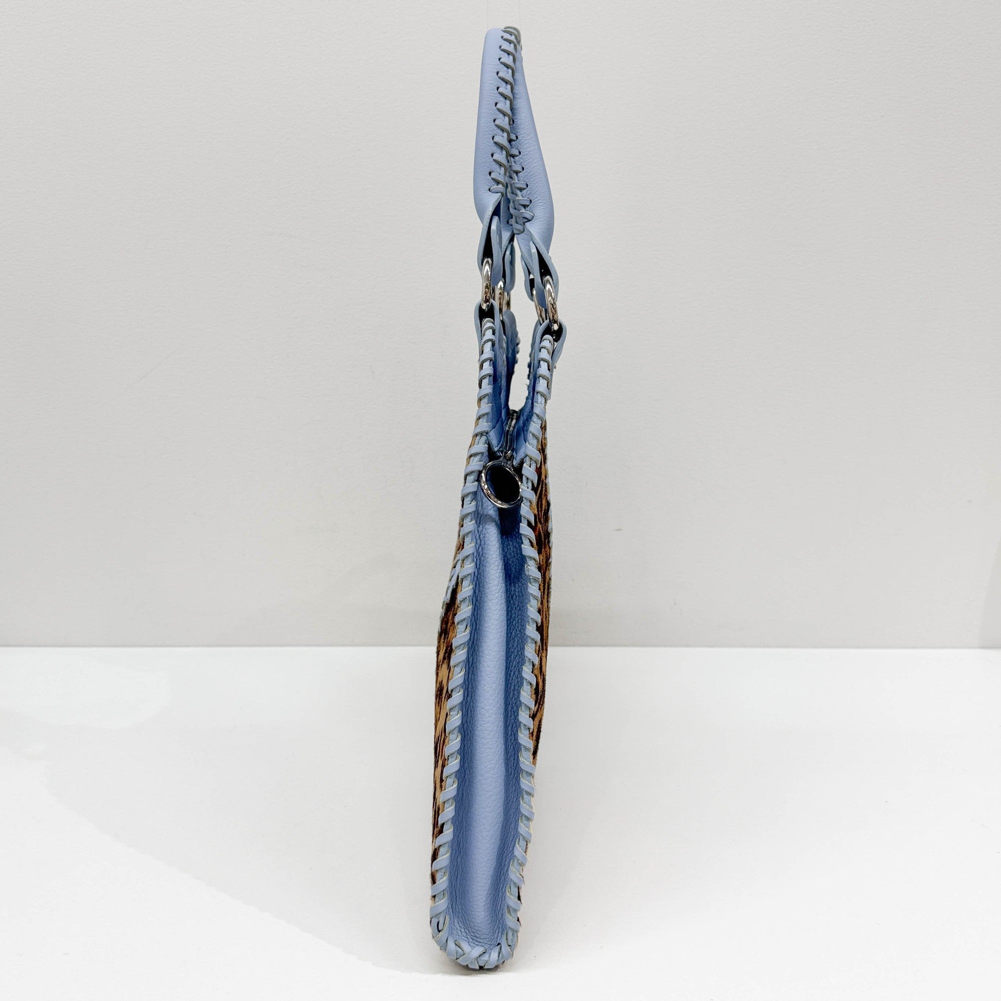 Blue Leather Trim Brown Leopard Print Pony Hair Tote Bag