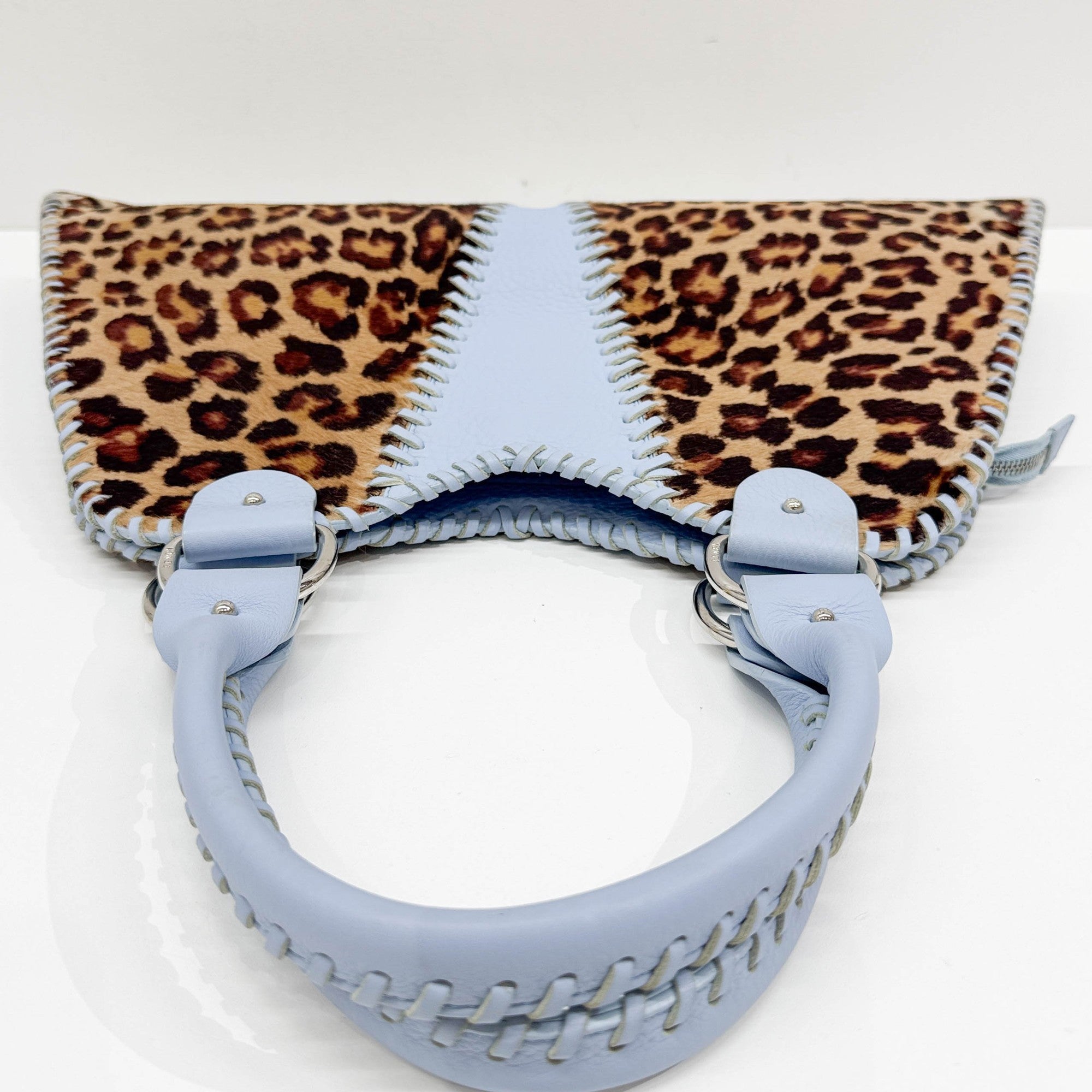 Blue Leather Trim Brown Leopard Print Pony Hair Tote Bag