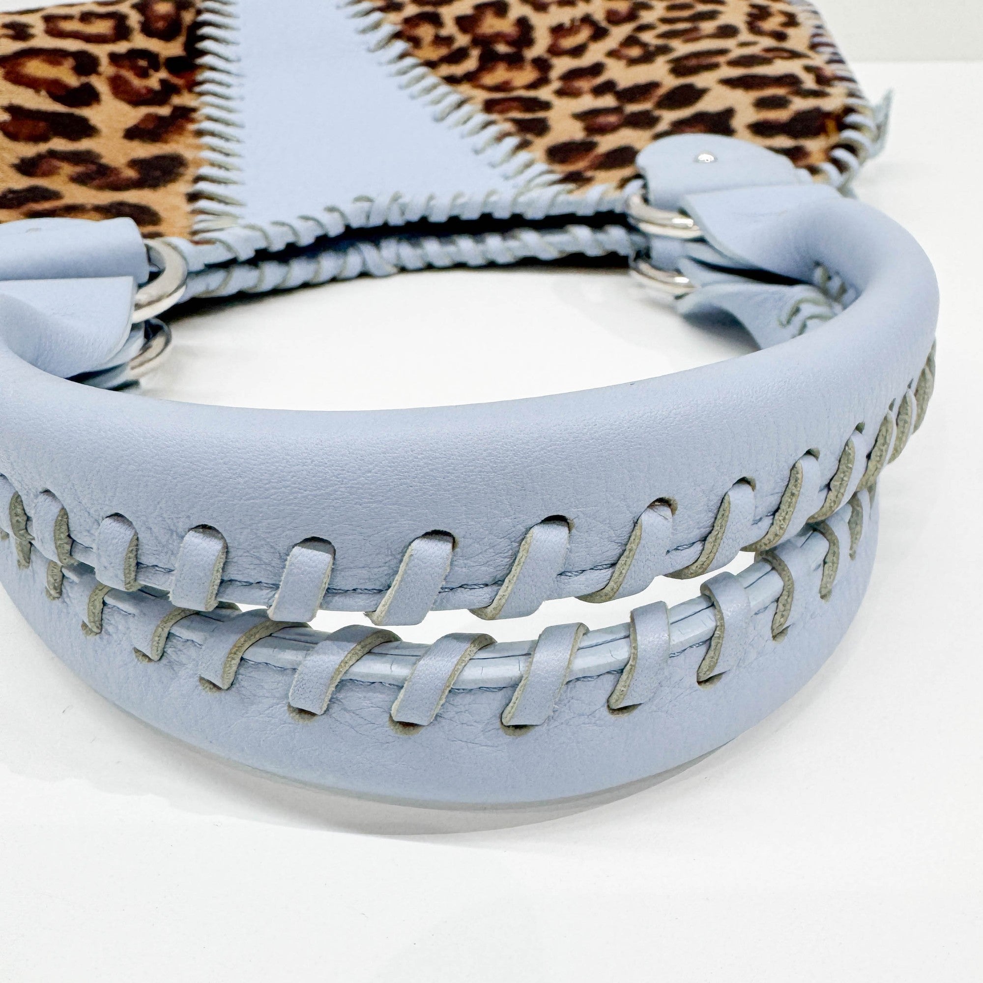 Blue Leather Trim Brown Leopard Print Pony Hair Tote Bag