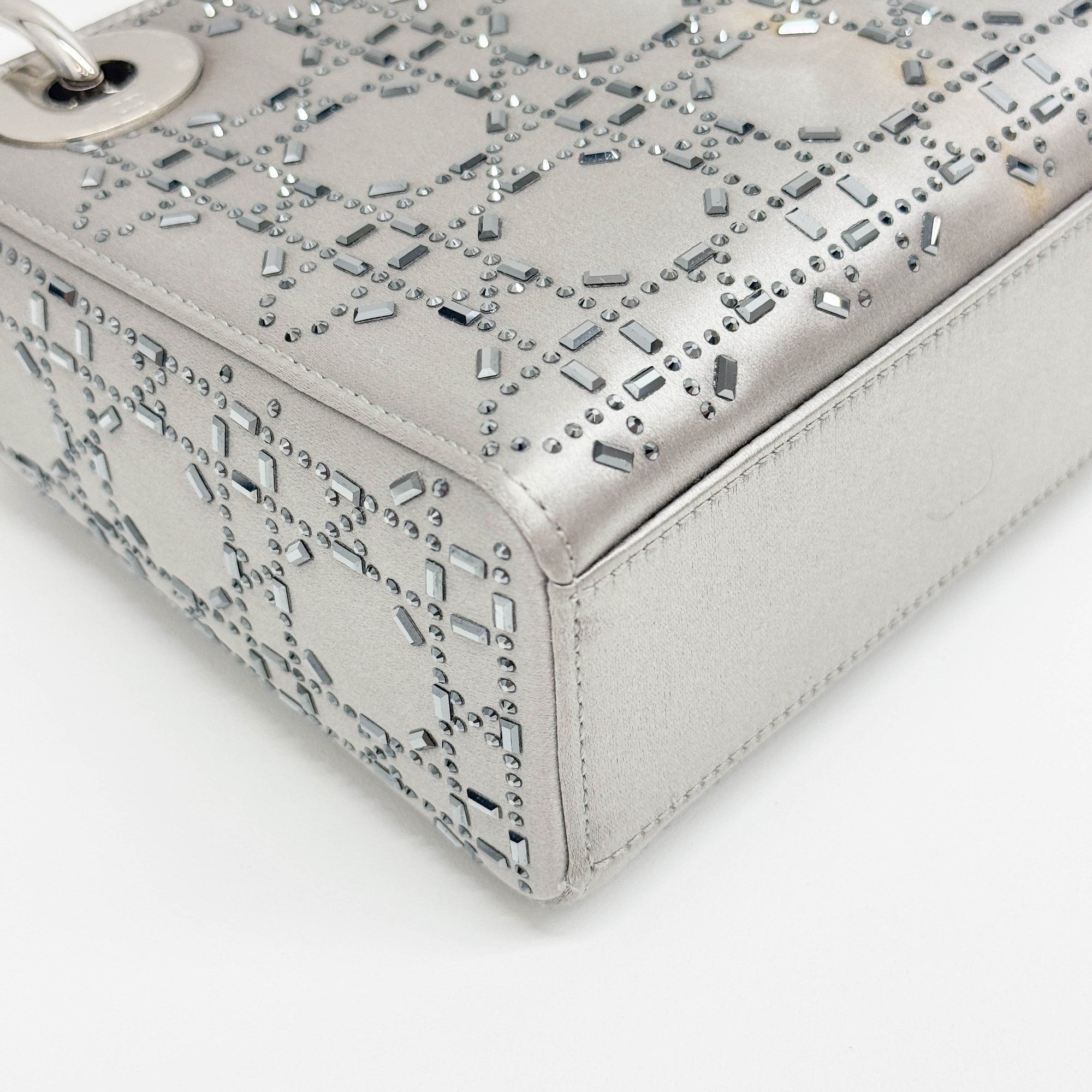 Mini Lady Dior Rhinestone Embedded Gray Satin Two Way Bag