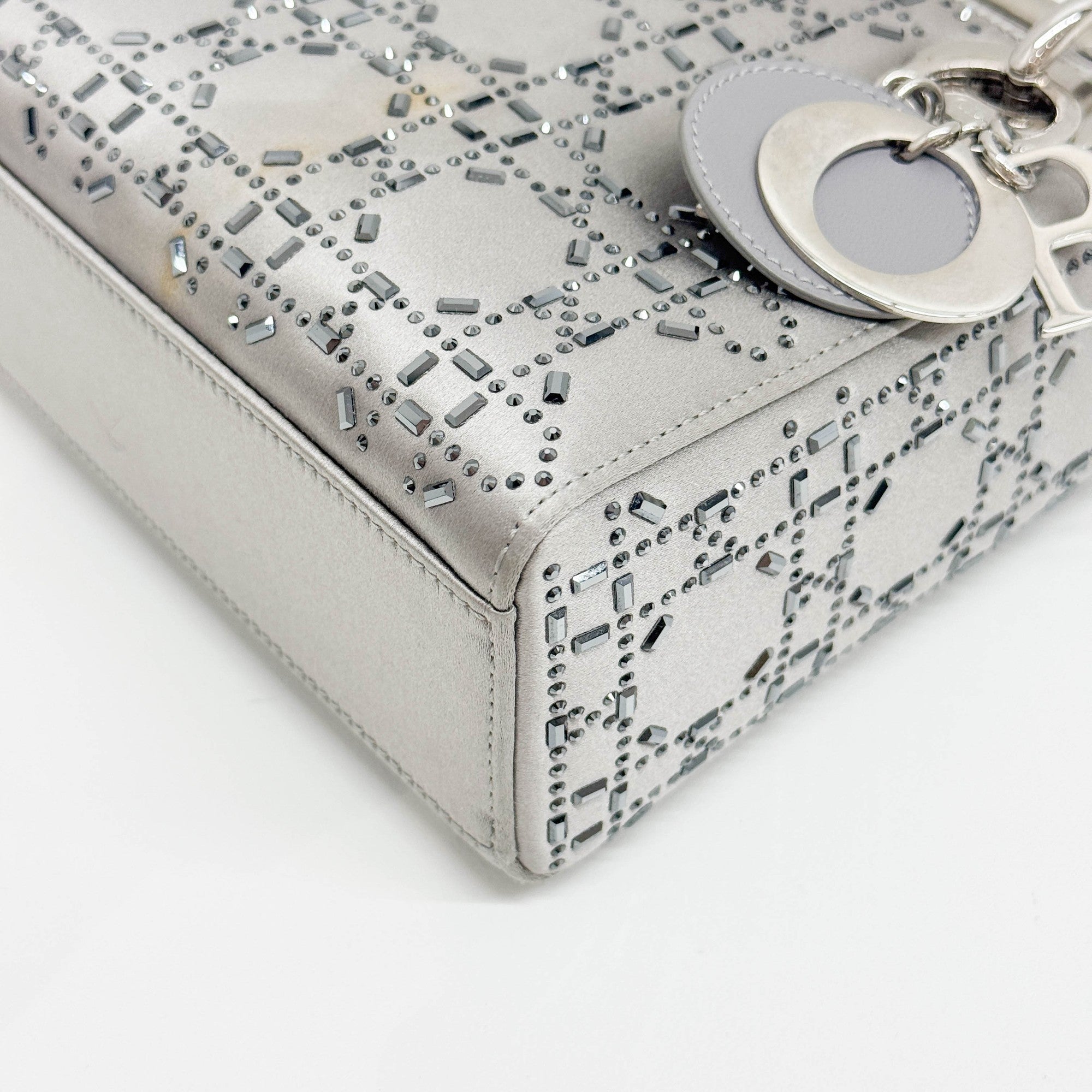 Mini Lady Dior Rhinestone Embedded Gray Satin Two Way Bag