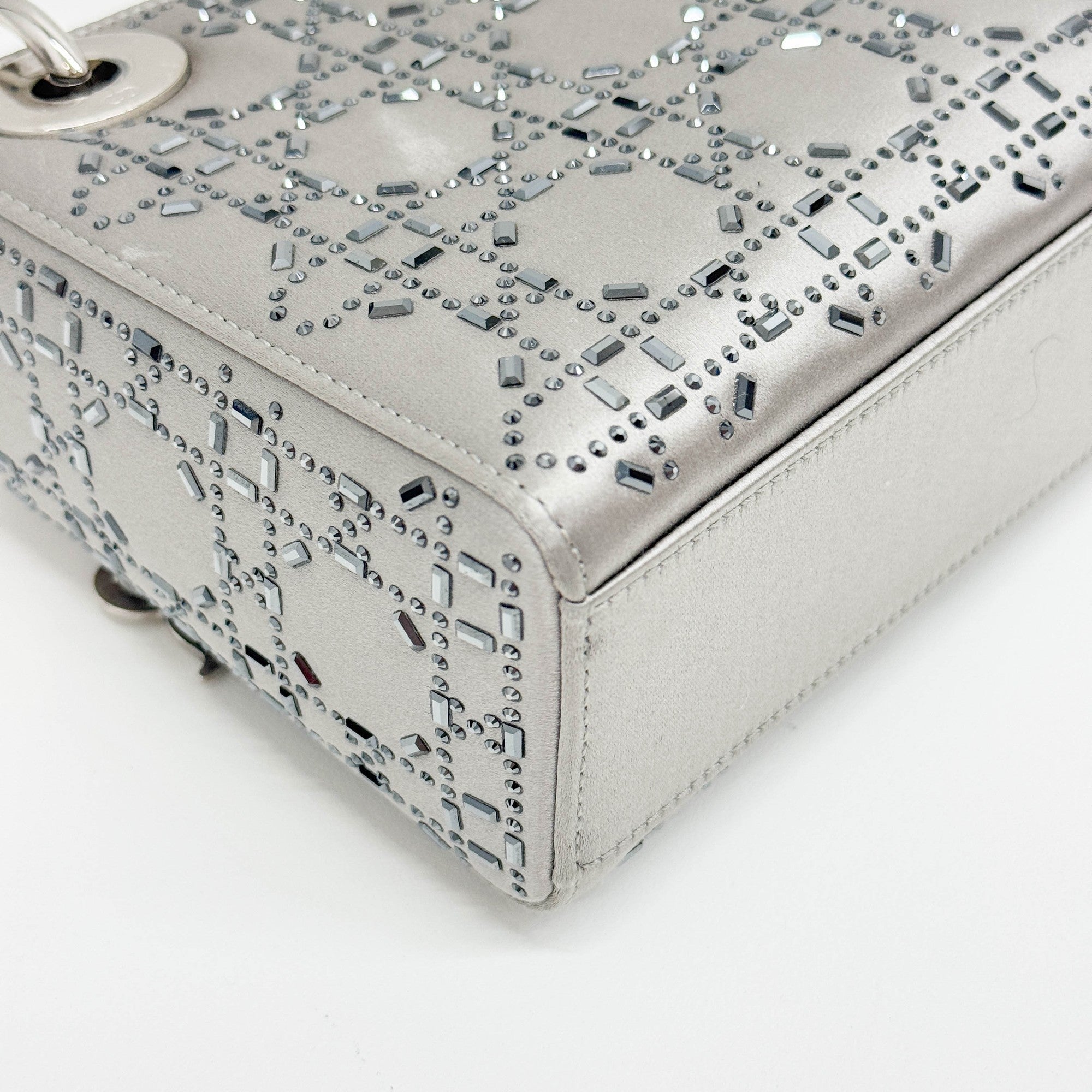 Mini Lady Dior Rhinestone Embedded Gray Satin Two Way Bag
