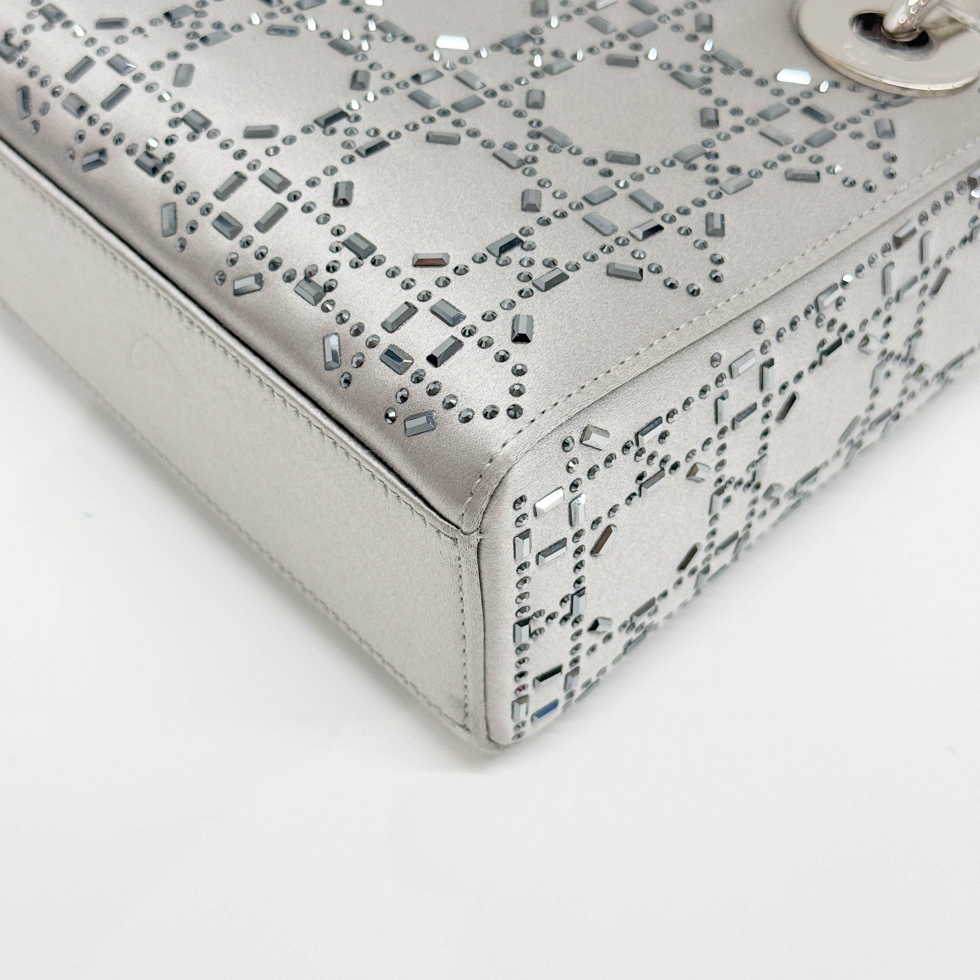 Mini Lady Dior Rhinestone Embedded Gray Satin Two Way Bag