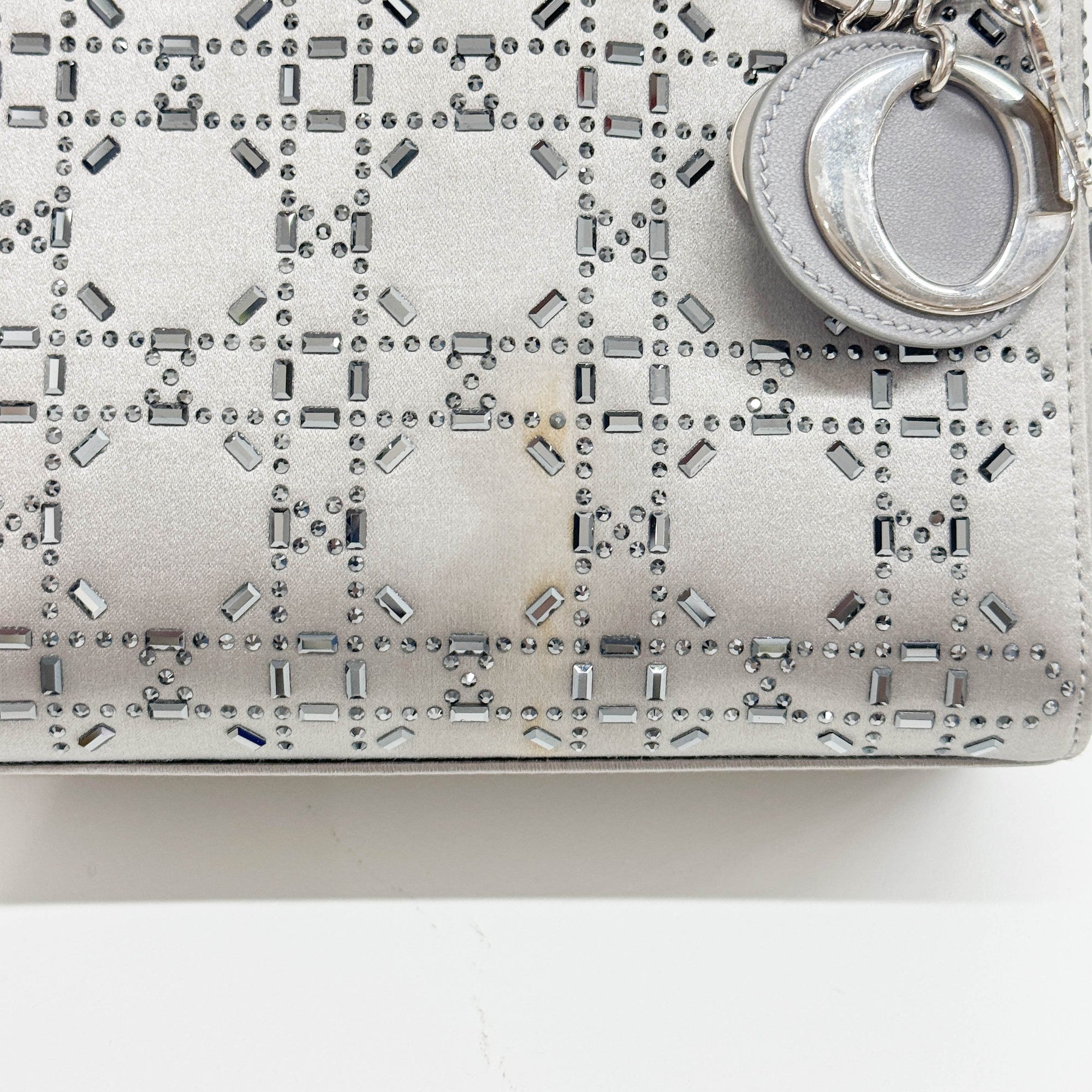 Mini Lady Dior Rhinestone Embedded Gray Satin Two Way Bag