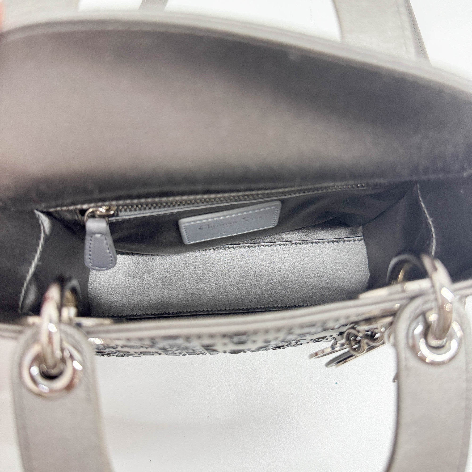 Mini Lady Dior Rhinestone Embedded Gray Satin Two Way Bag