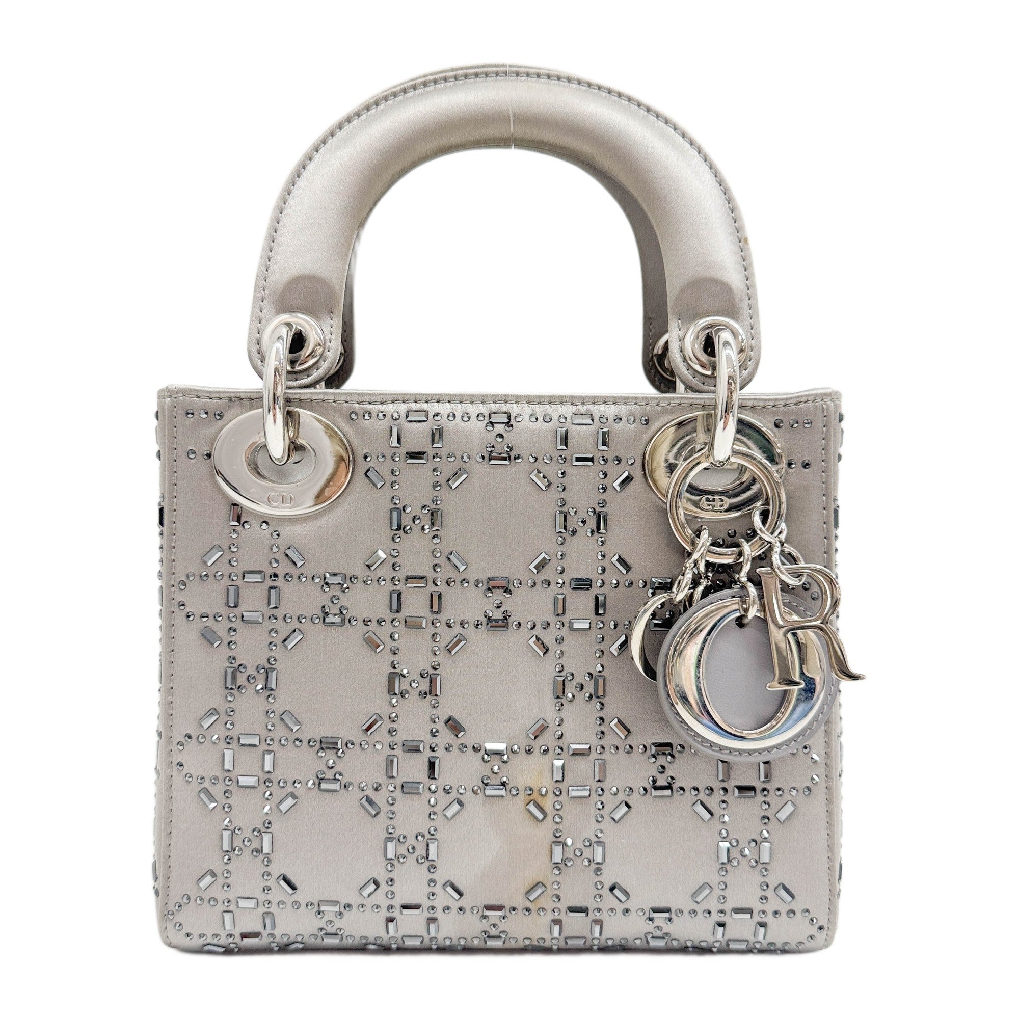 Mini Lady Dior Rhinestone Embedded Gray Satin Two Way Bag