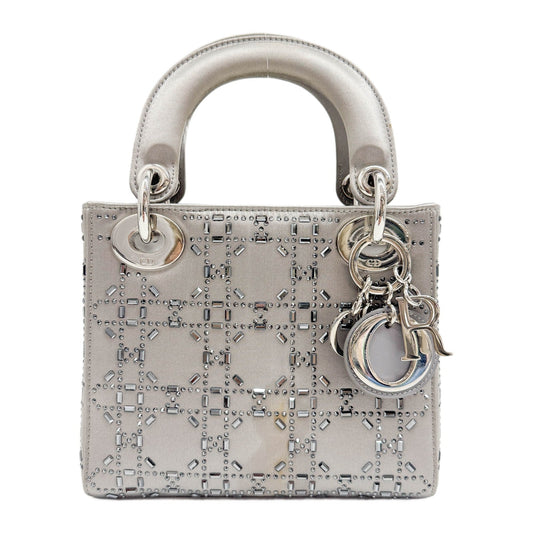 Mini Lady Dior Rhinestone Embedded Gray Satin Two Way Bag