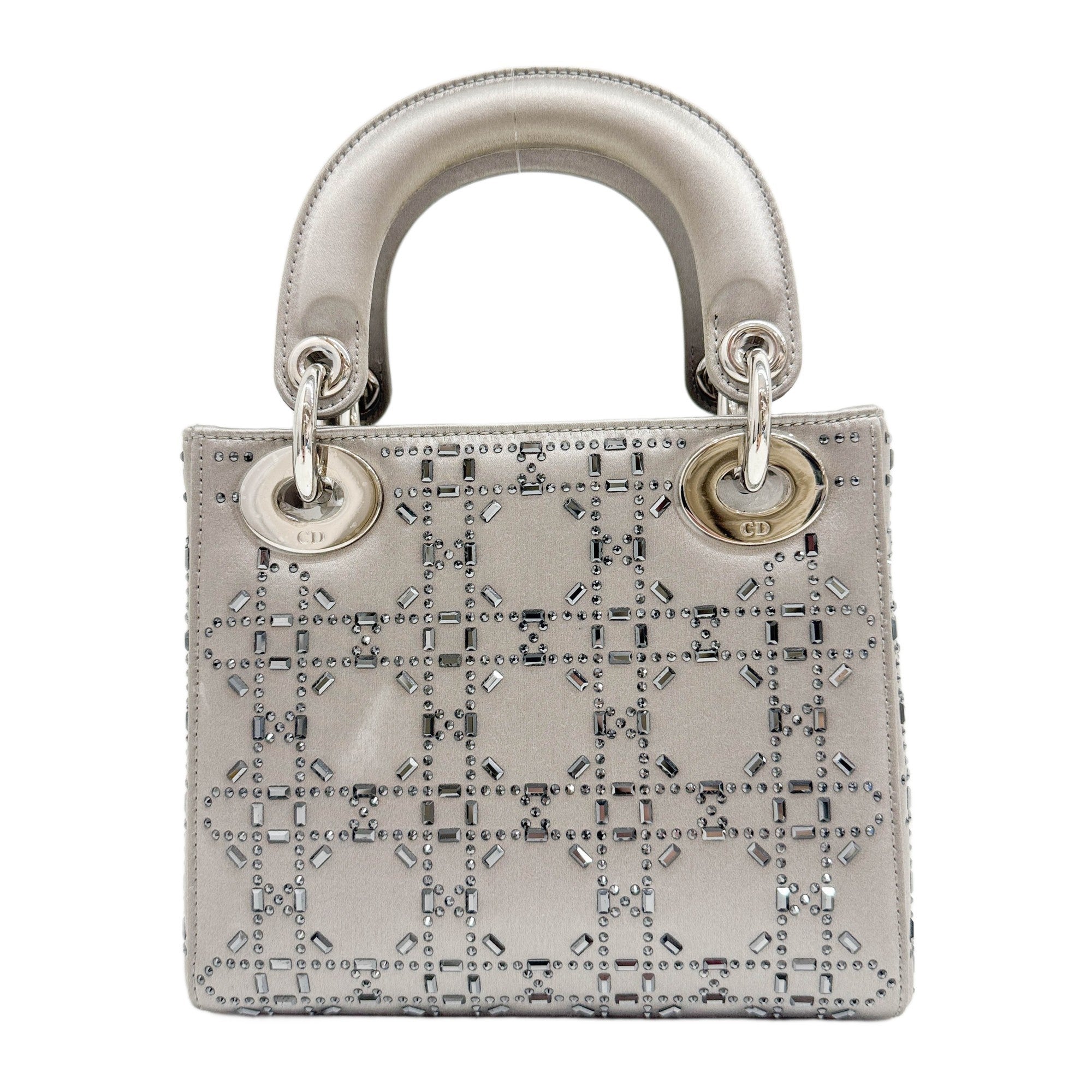 Mini Lady Dior Rhinestone Embedded Gray Satin Two Way Bag