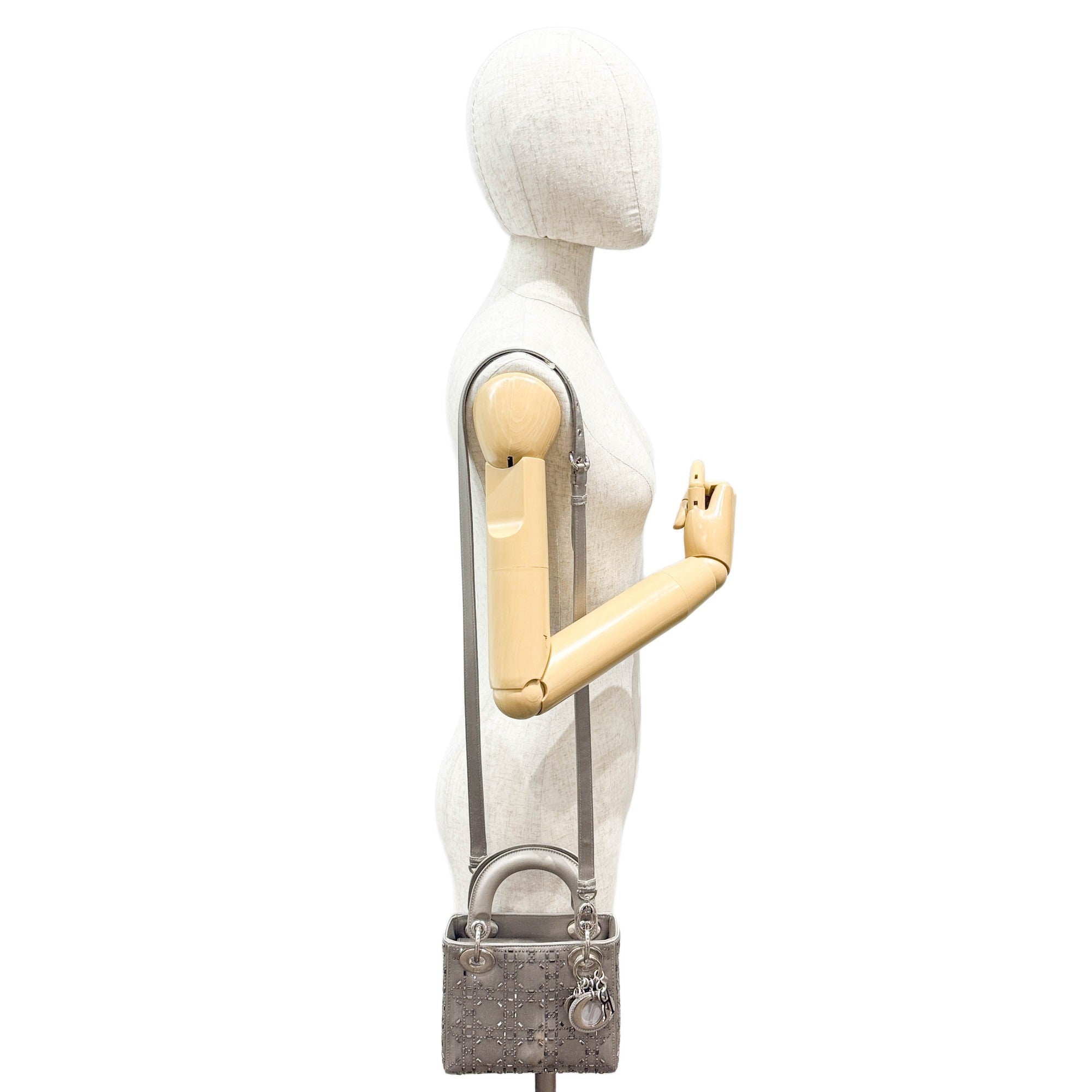 Mini Lady Dior Rhinestone Embedded Gray Satin Two Way Bag