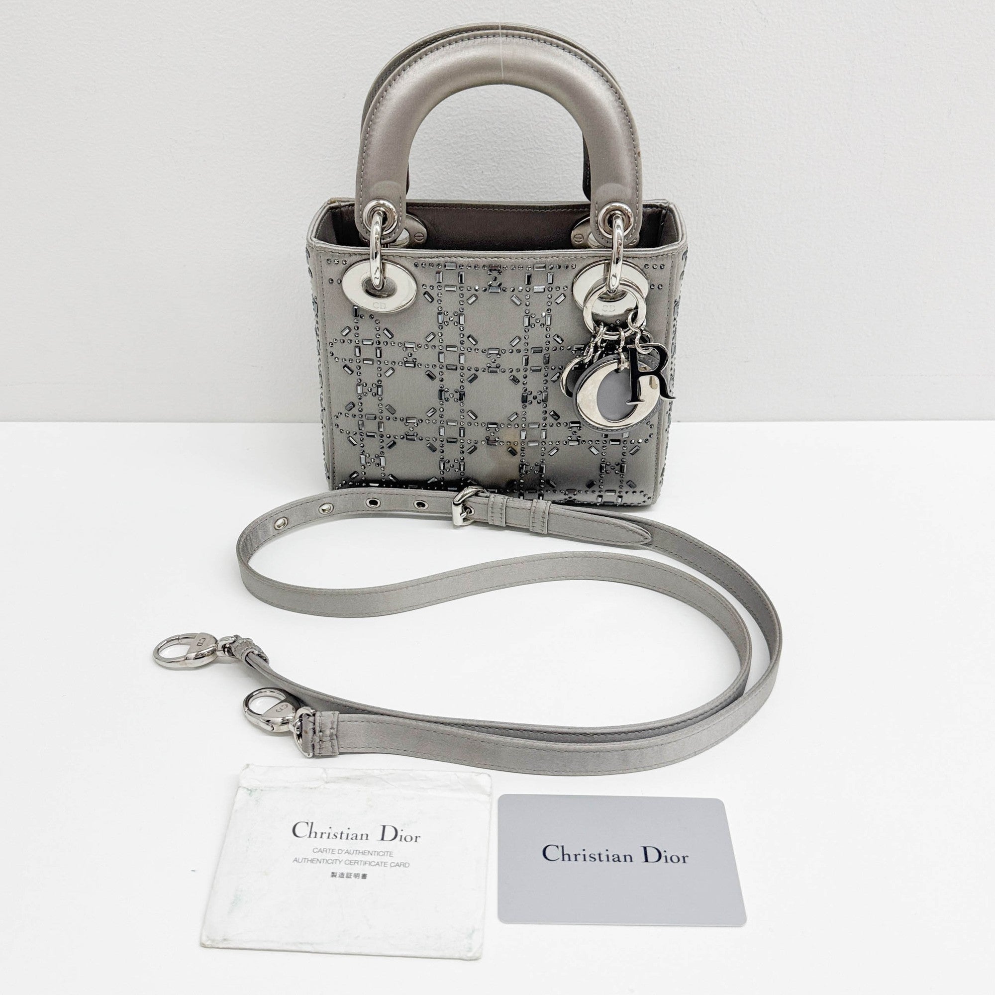 Mini Lady Dior Rhinestone Embedded Gray Satin Two Way Bag