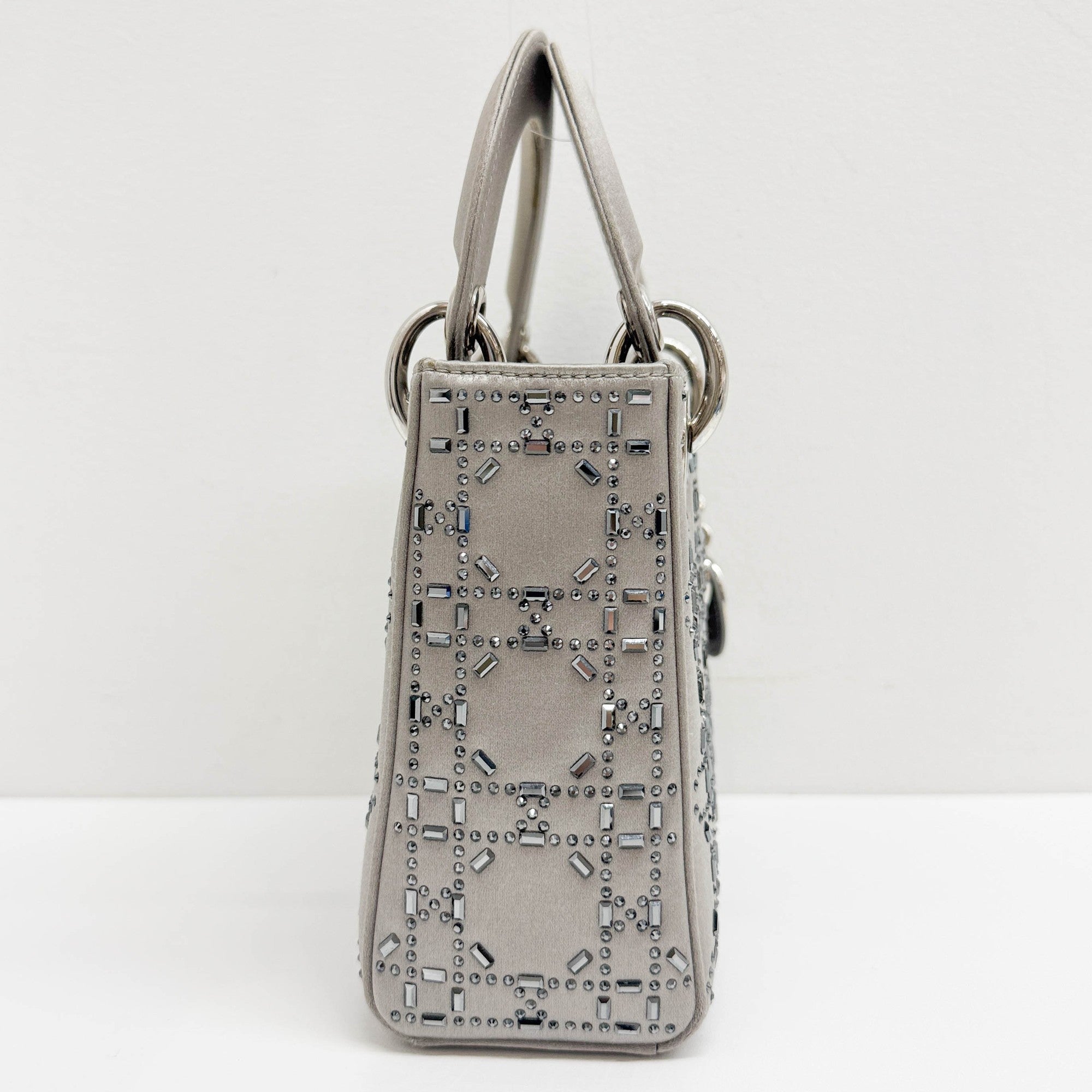 Mini Lady Dior Rhinestone Embedded Gray Satin Two Way Bag