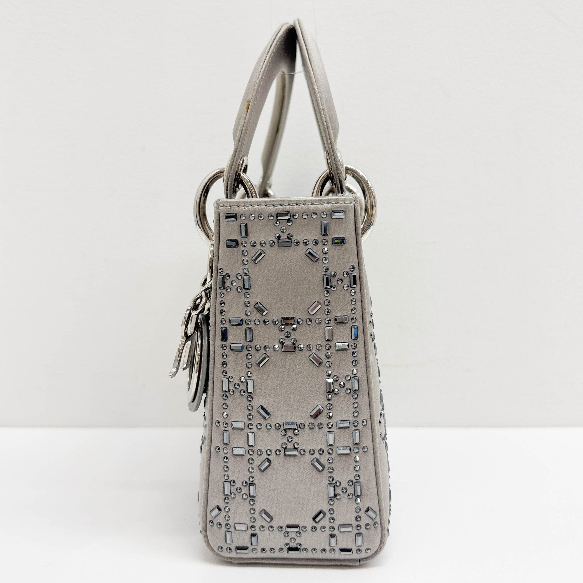 Mini Lady Dior Rhinestone Embedded Gray Satin Two Way Bag