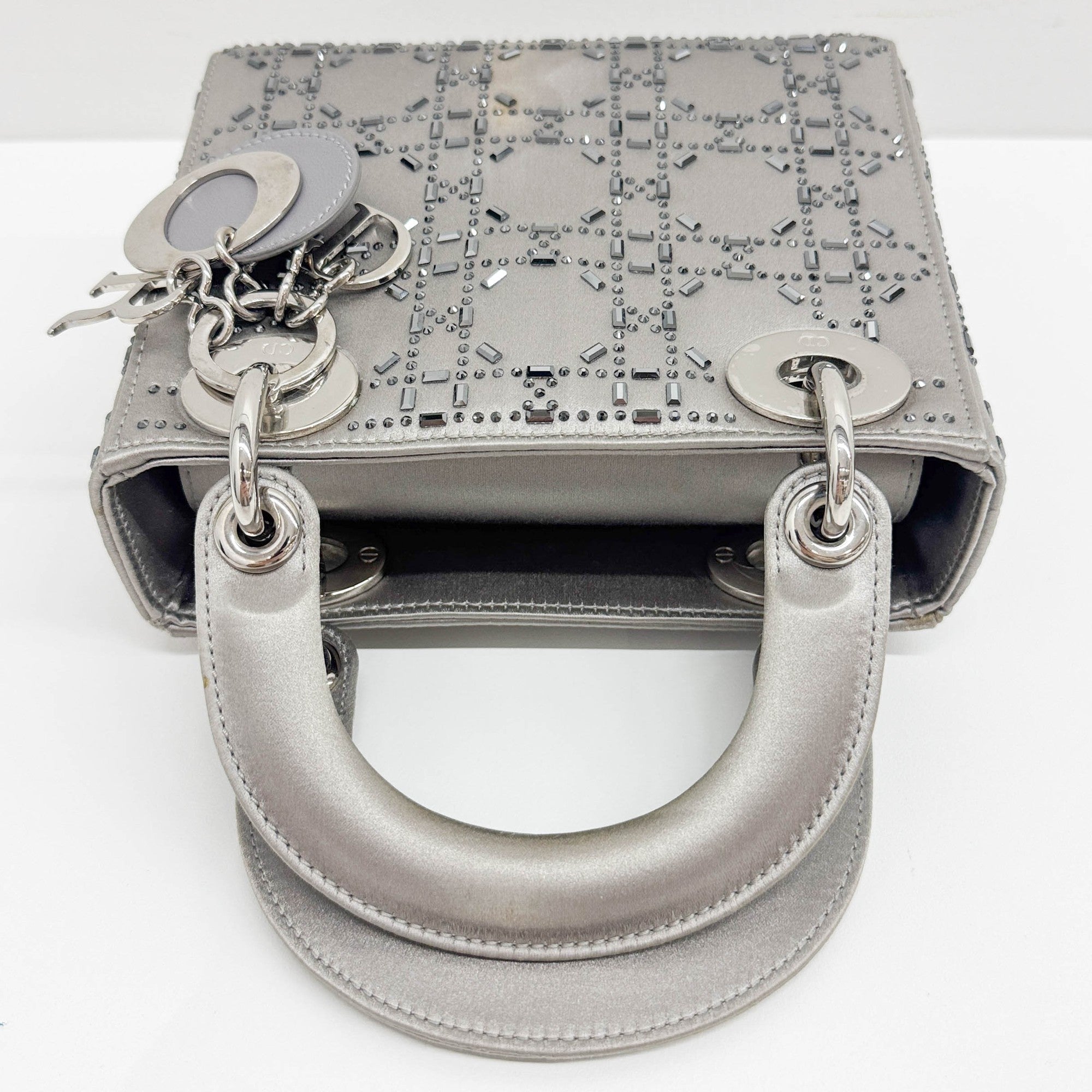 Mini Lady Dior Rhinestone Embedded Gray Satin Two Way Bag