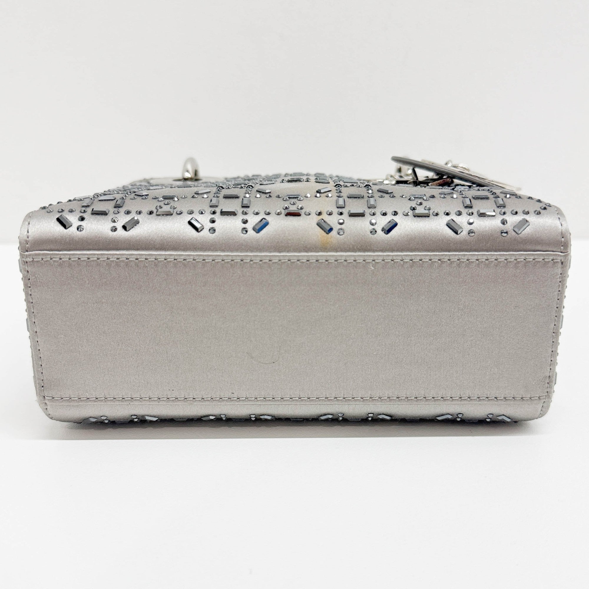Mini Lady Dior Rhinestone Embedded Gray Satin Two Way Bag