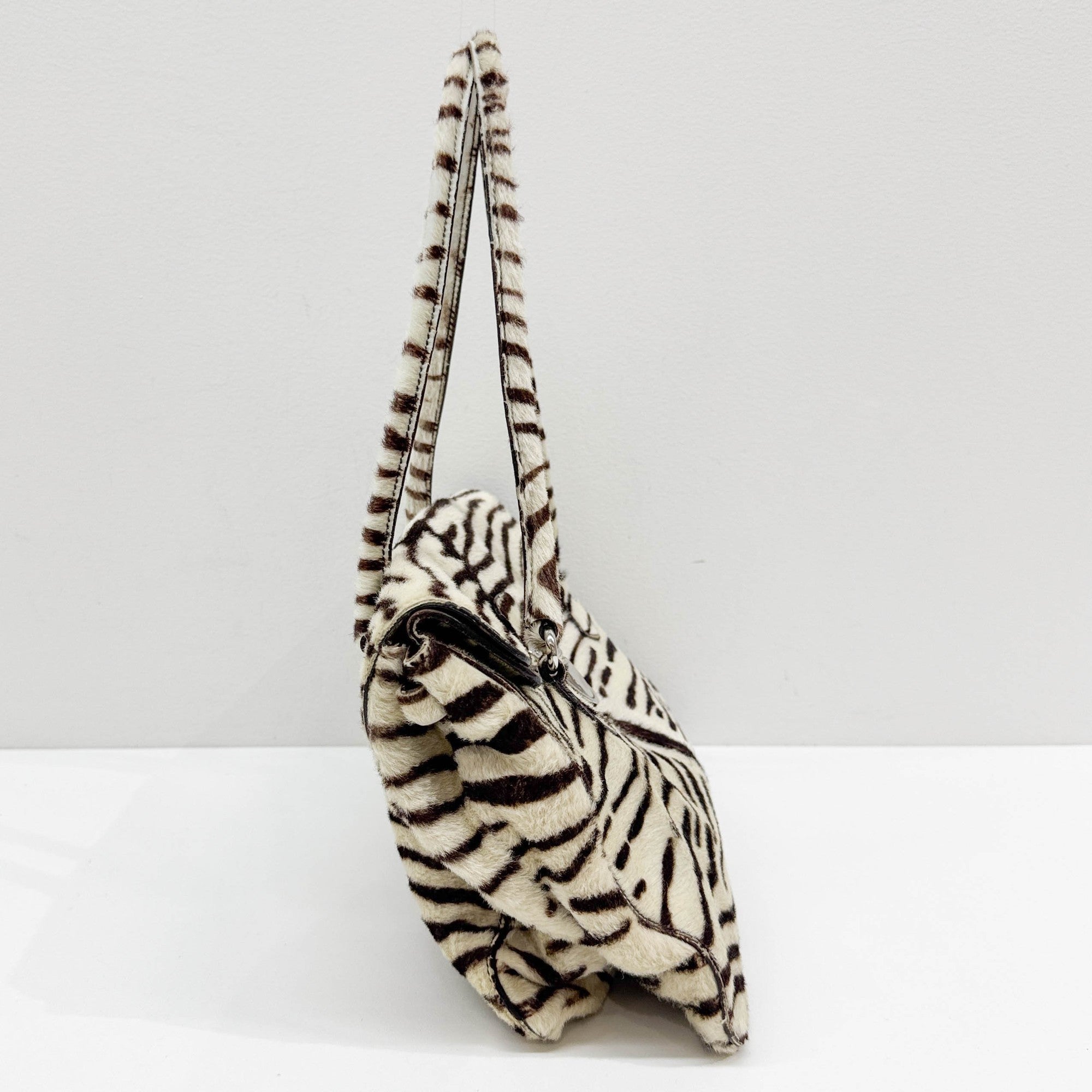 Brown & White Zebra Print Pony Hair Shoulder Bag