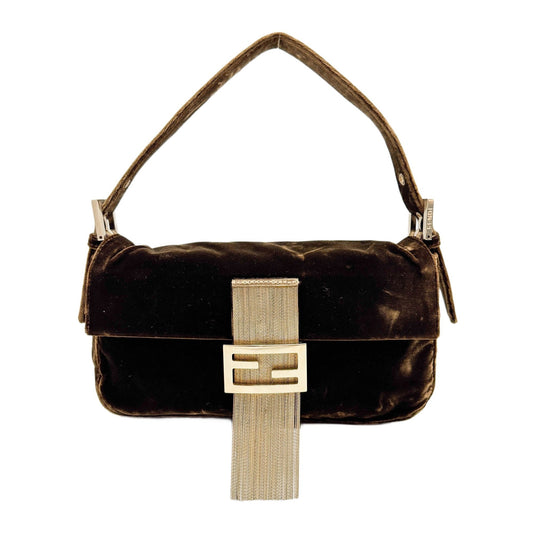 Baguette Brown Velvet Shoulder Bag