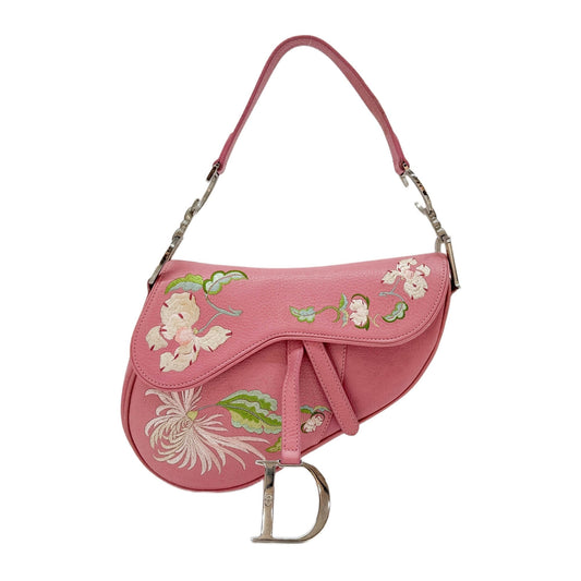 Saddle Floral Embroidered Pink Leather Shoulder Bag