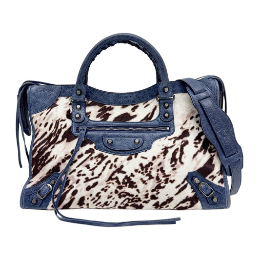 The City Blue Trim Multicolor Spotted Pony Hair Two Way Bag