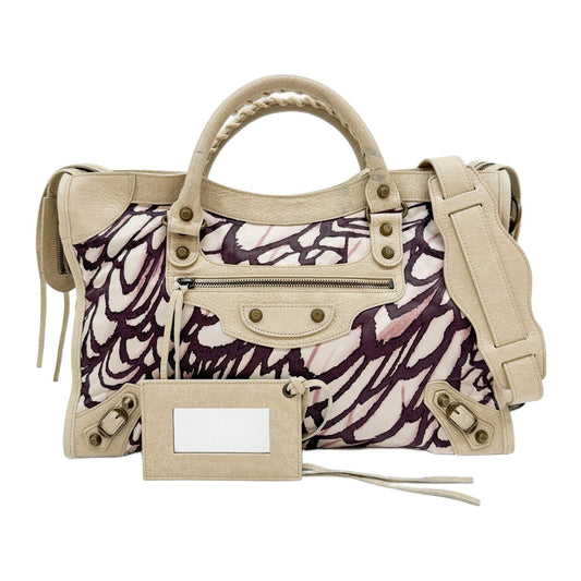 The City White & Purple Winged Print Nylon and Leather Two Way Bag