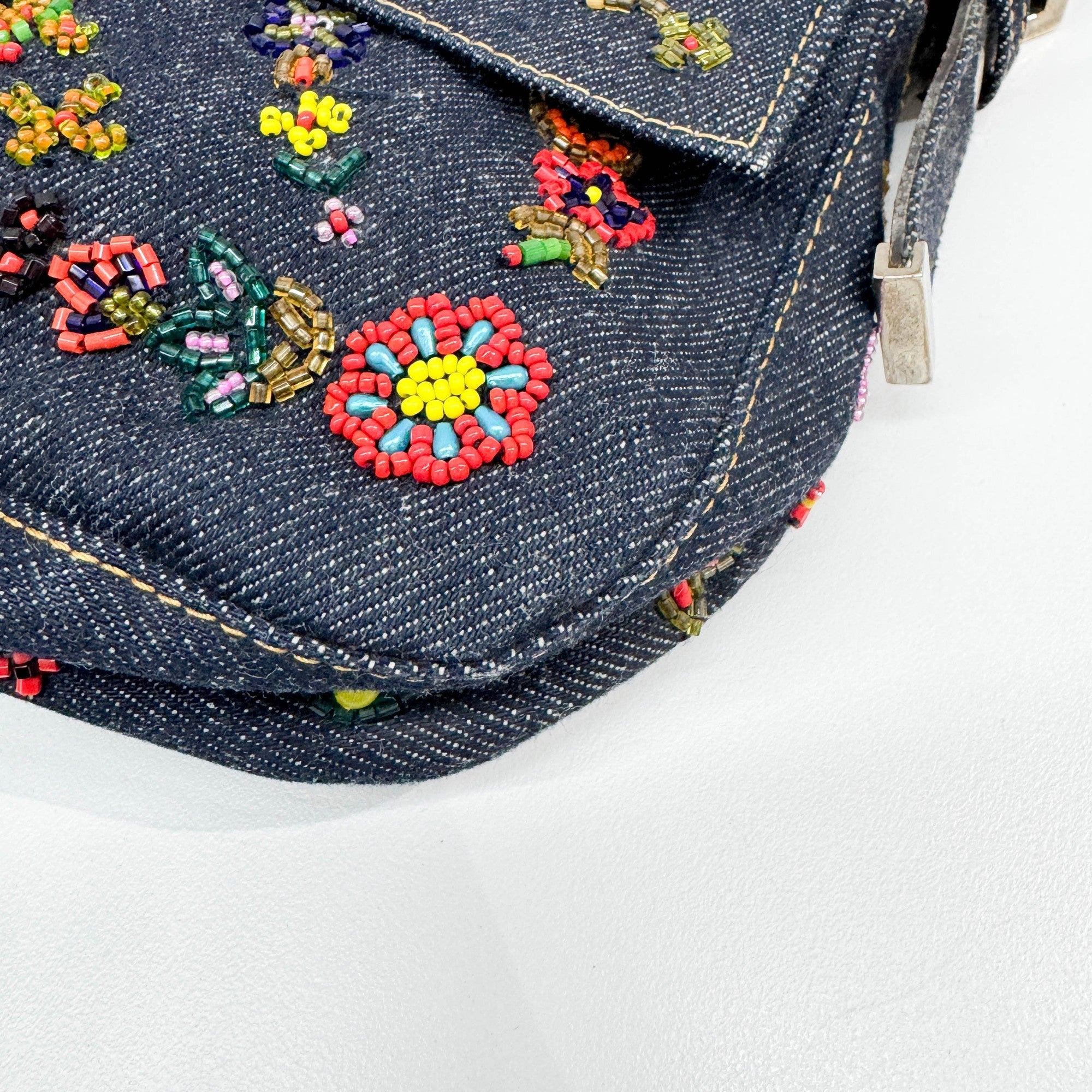 Baguette Floral Embroidered Navy Denim Shoulder Bag