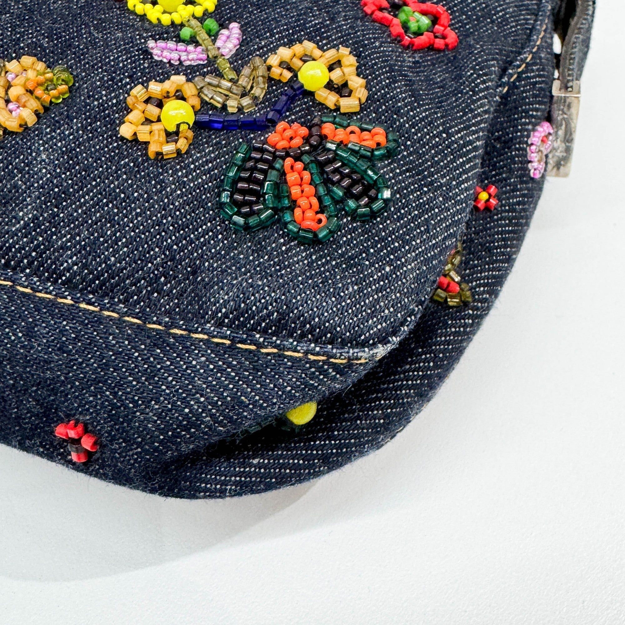 Baguette Floral Embroidered Navy Denim Shoulder Bag
