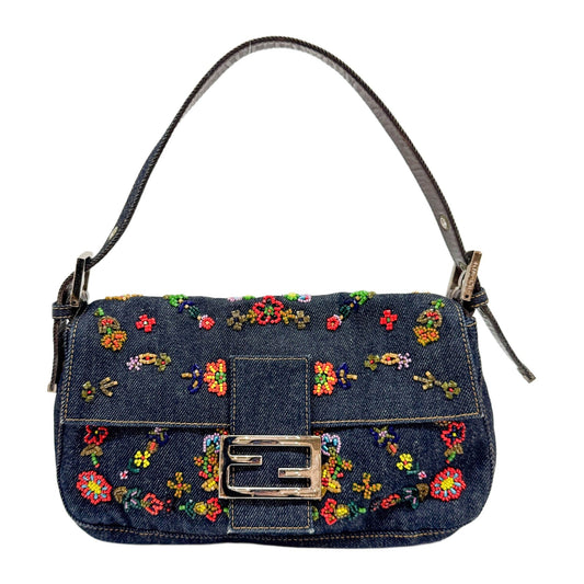 Baguette Floral Embroidered Navy Denim Shoulder Bag
