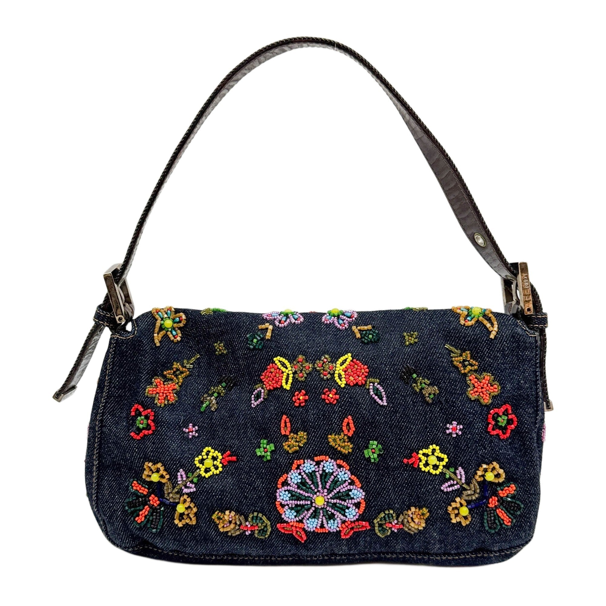 Baguette Floral Embroidered Navy Denim Shoulder Bag