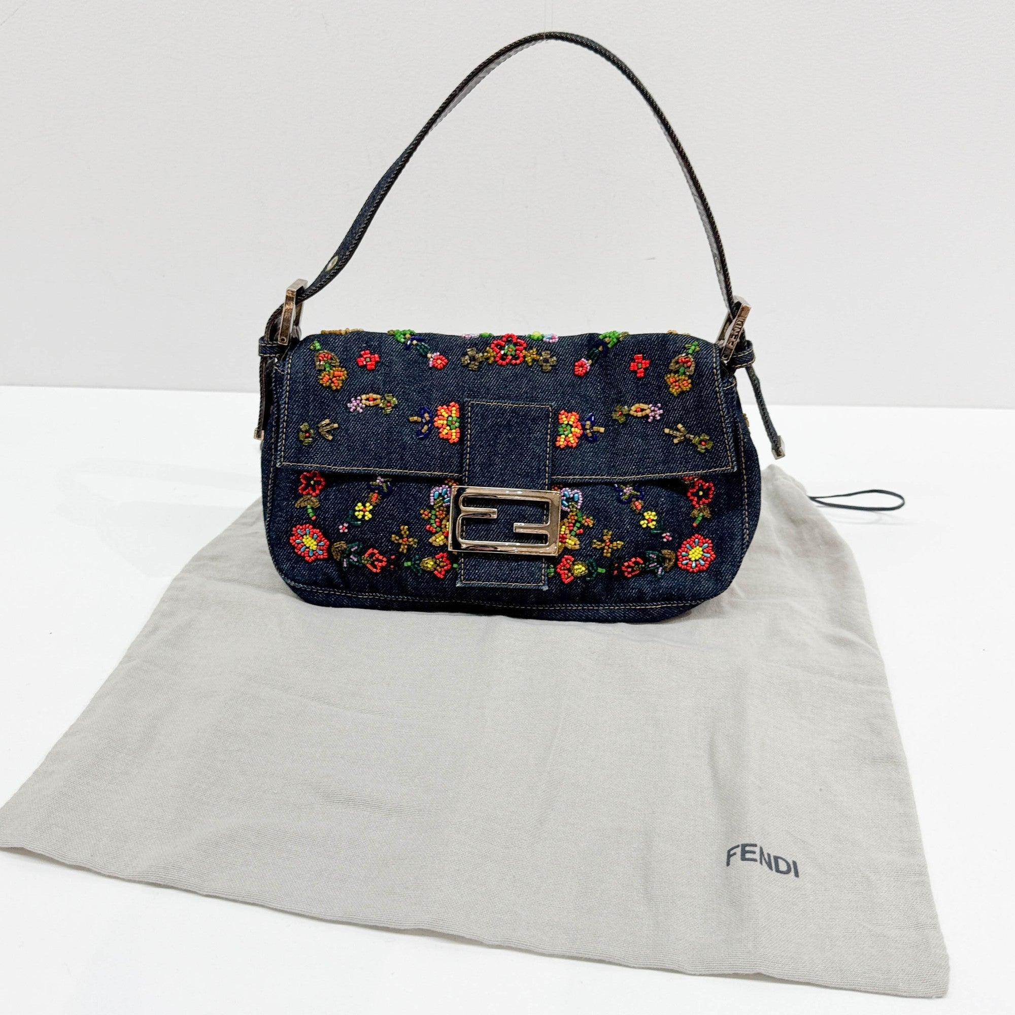 Baguette Floral Embroidered Navy Denim Shoulder Bag