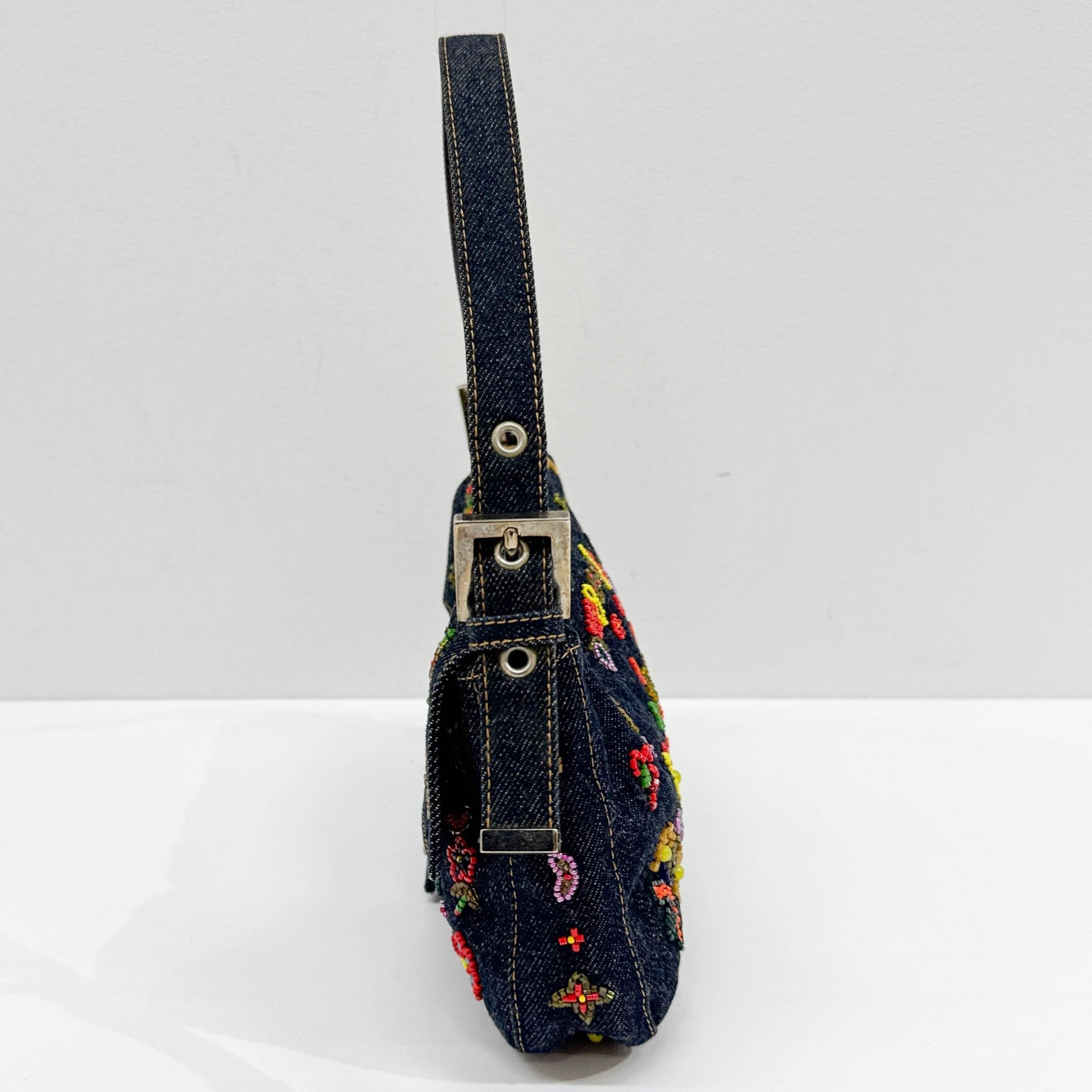 Baguette Floral Embroidered Navy Denim Shoulder Bag