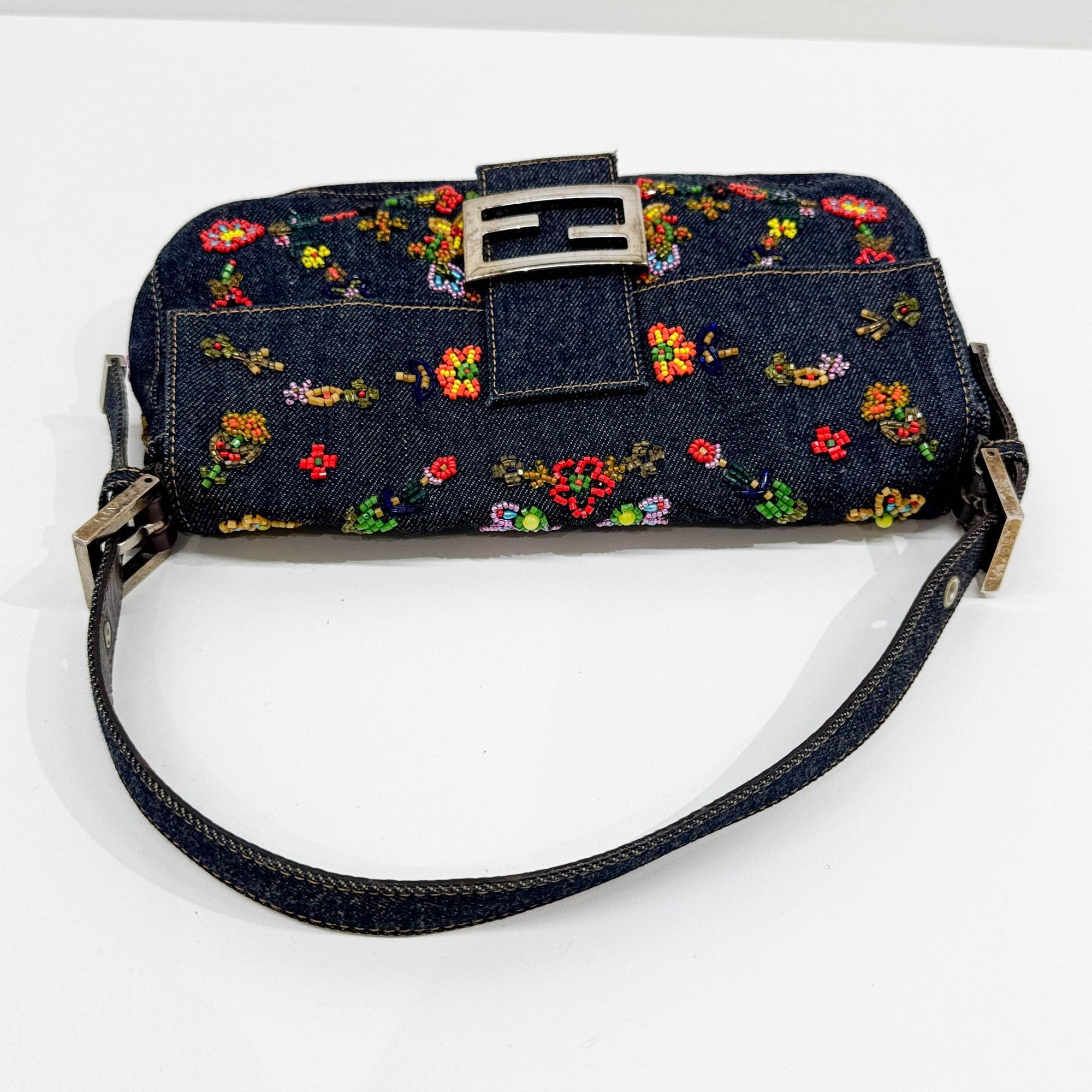 Baguette Floral Embroidered Navy Denim Shoulder Bag