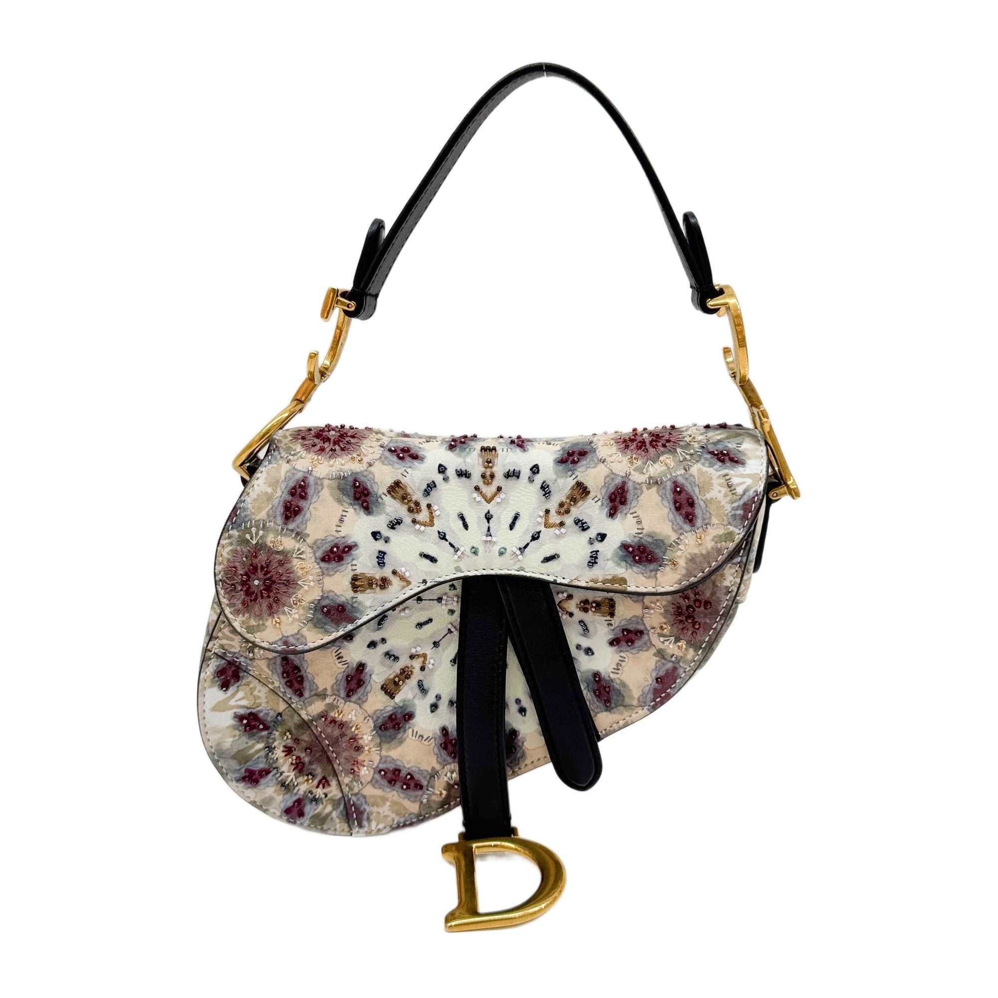 Mini Saddle Beaded Multicolor Coated Canvas Hand Bag